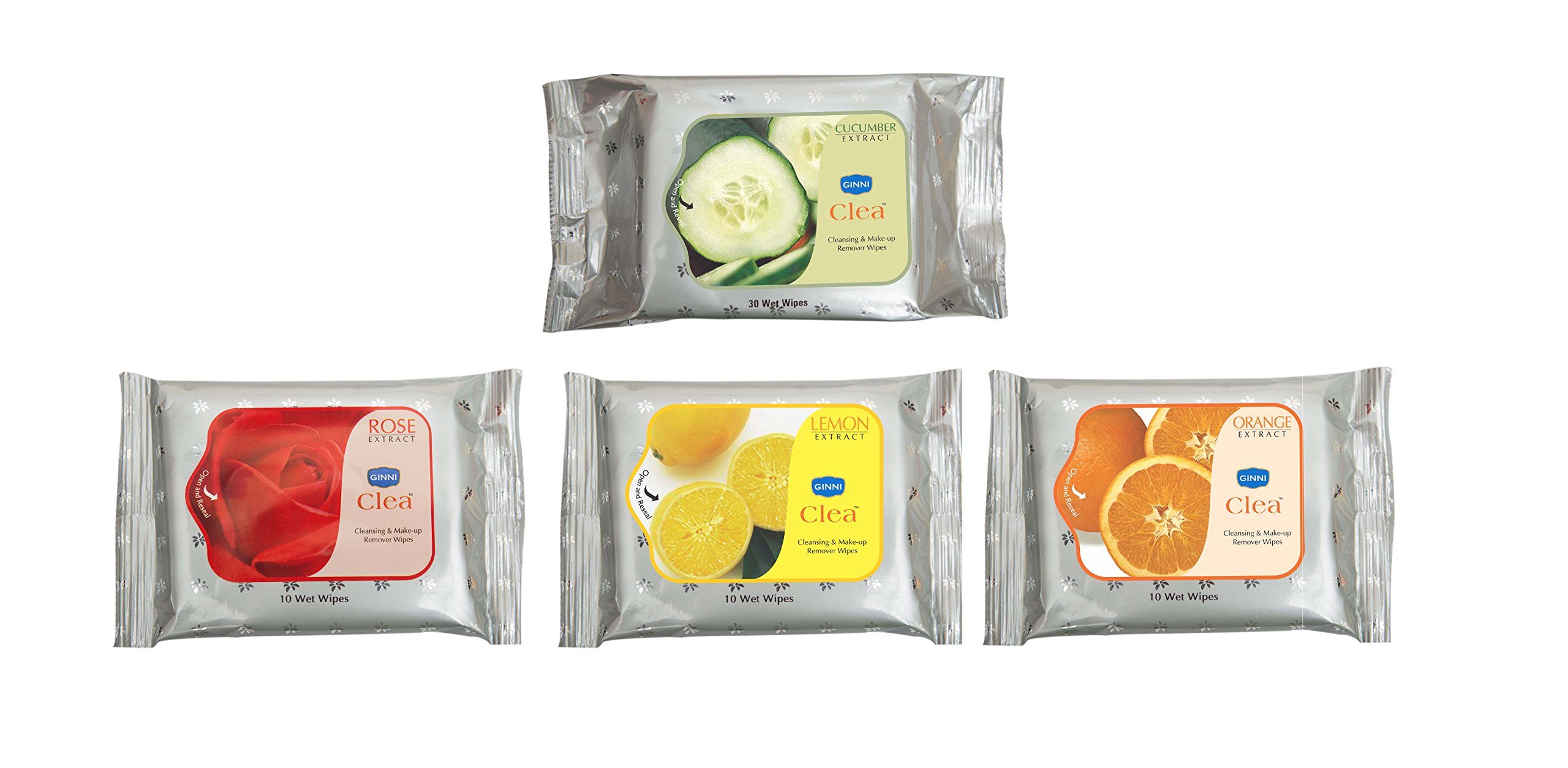 GINNI CLEA Cleansing & Refreshing Facial Wipes - Makeup Remover, Moisturizing Wet Wipes for Face (Cucumber, Rose, Lemon & Orange Scent) 40 Count Pack of 4 | Travel, Gym & Daily Skincare Routine