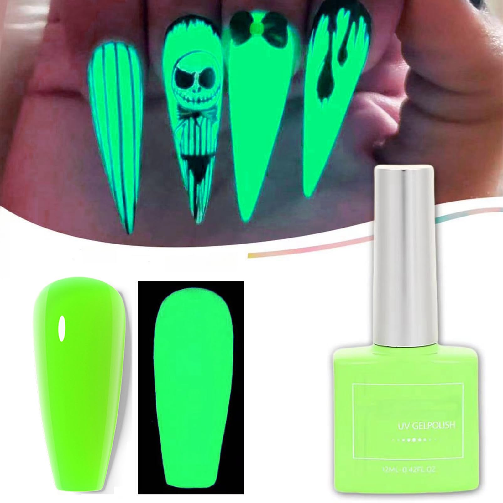 Glow in Dark Nail Polish Set - Long Lasting UV Gel Top Coat for DIY Salon Nails at Home | Fluorescent Neon Green Nail Polish with Luminous Effect | Perfect for Parties, Halloween, Night Events & Nail Art Designs
