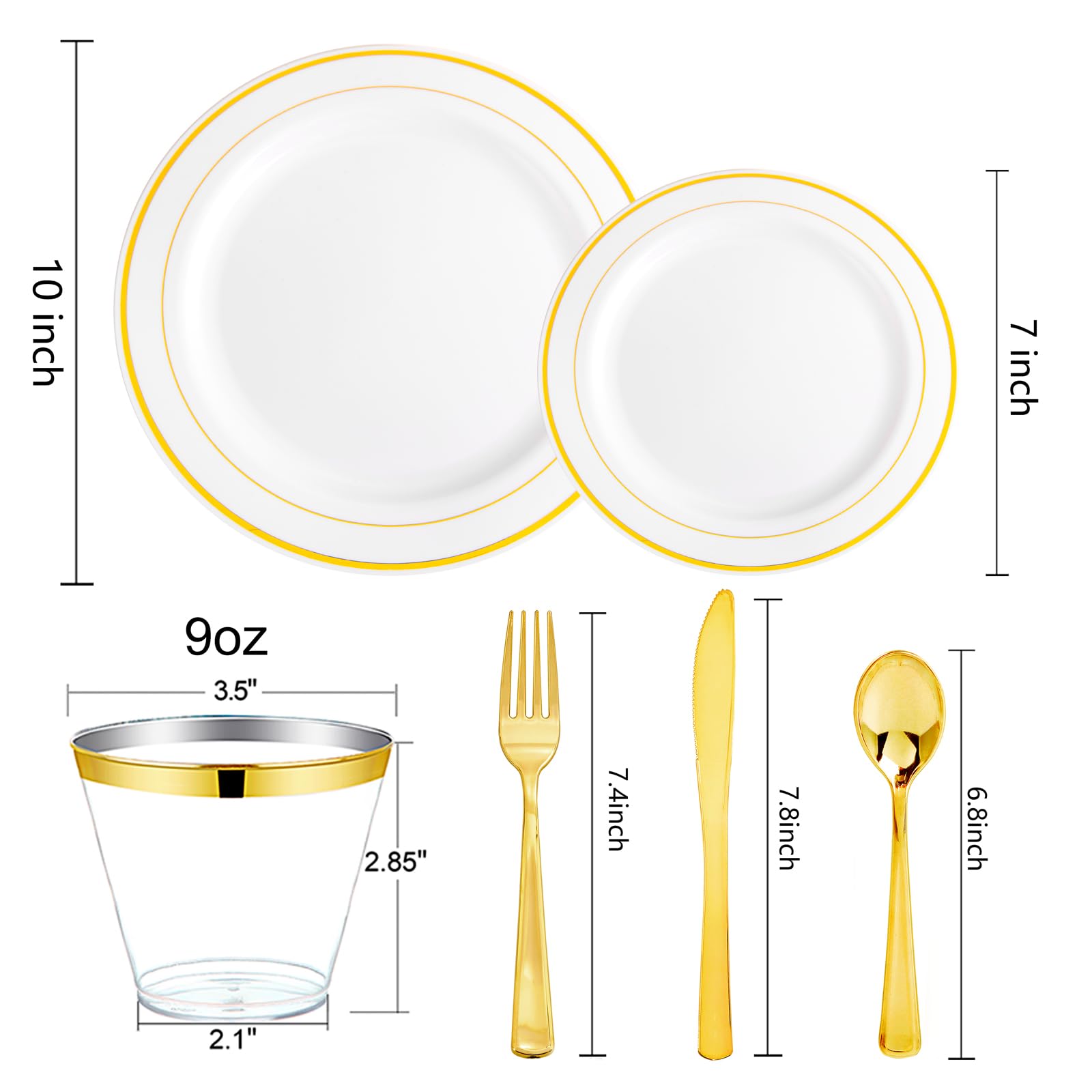 150-Piece Gold Plastic Dinnerware Set Disposable - Heavy Duty Gold Plates, Forks, Knives, Spoons & Cups for 25 Guests | Includes 25 Dinner Plates, 25 Dessert Plates, 25 Forks, 25 Knives, 25 Spoons & 25 Cups | Perfect for Parties, Weddings, BBQs & Events