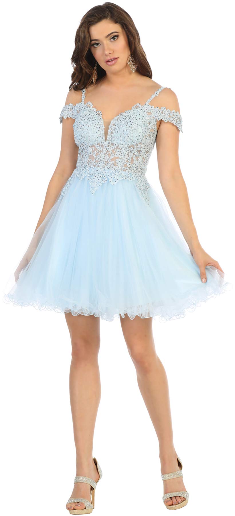 FDS1668 Off The Shoulder Homecoming Cocktail Dress for Women - Baby Blue Size 4 | Elegant Party Gown for Prom, Wedding Guest, Cocktail Party & Special Occasions