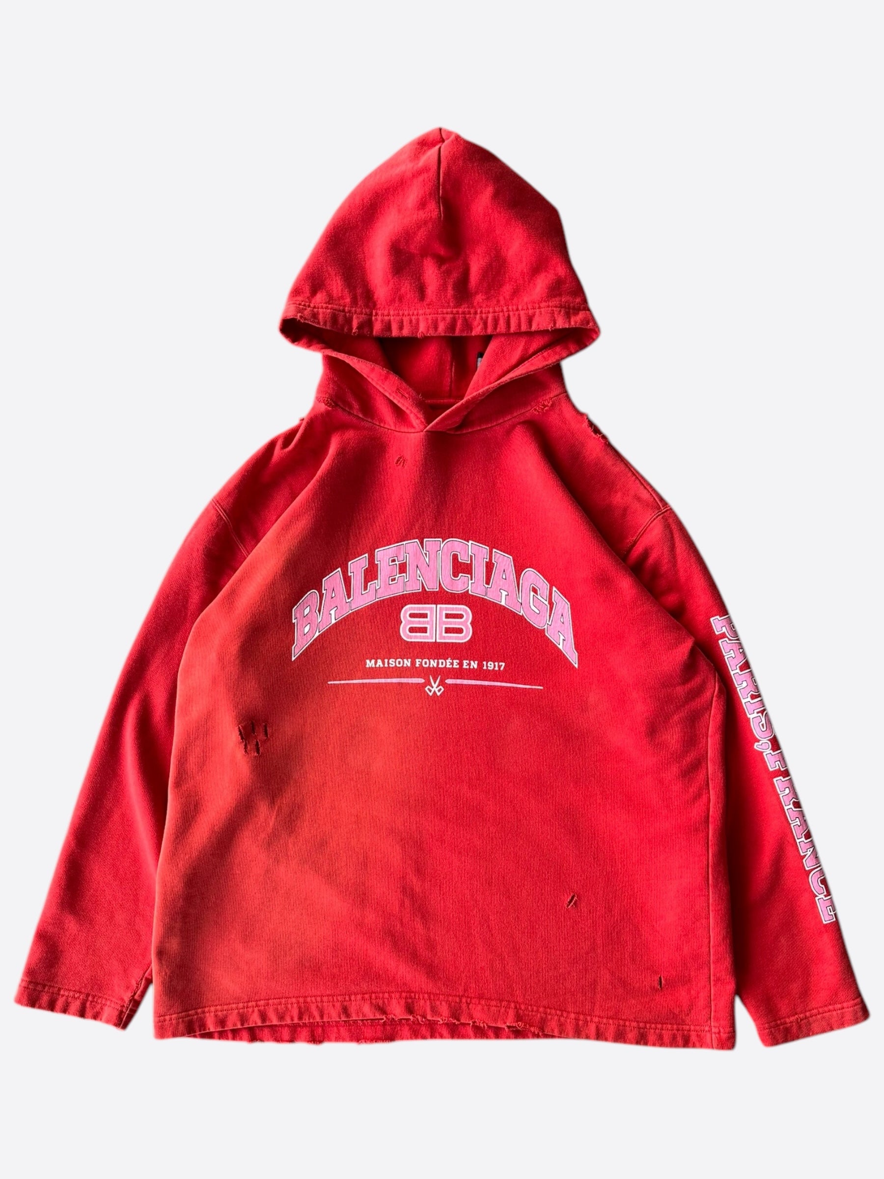 Balenciaga Red & Pink BB Logo Distressed Hoodie - Streetwear Fashion for Men & Women | Perfect for Casual Outfits, Urban Style & Night Out