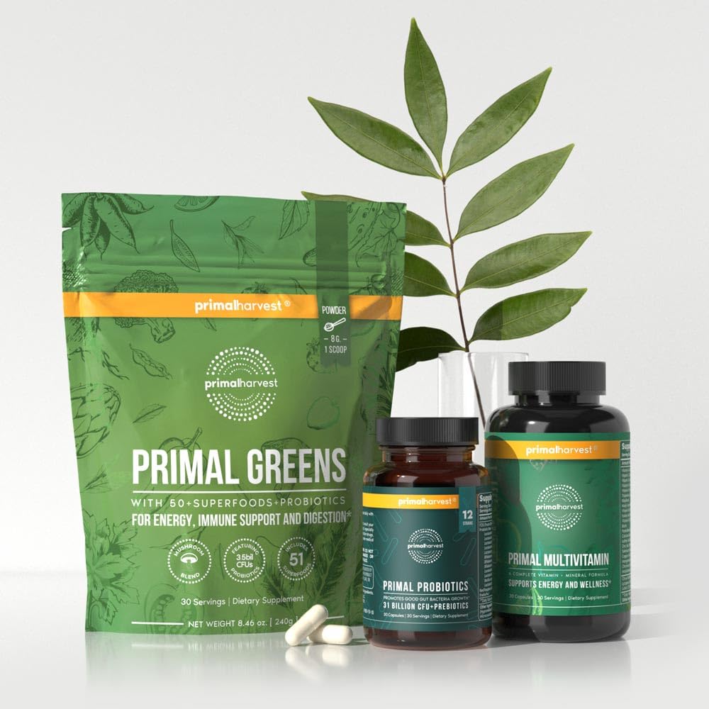 Primal Harvest Multivitamin, Greens & Probiotics Supplement - Daily Nutrition, Energy & Gut Health Support - Morning Essentials 3-Pack for Busy Professionals & Active Lifestyles