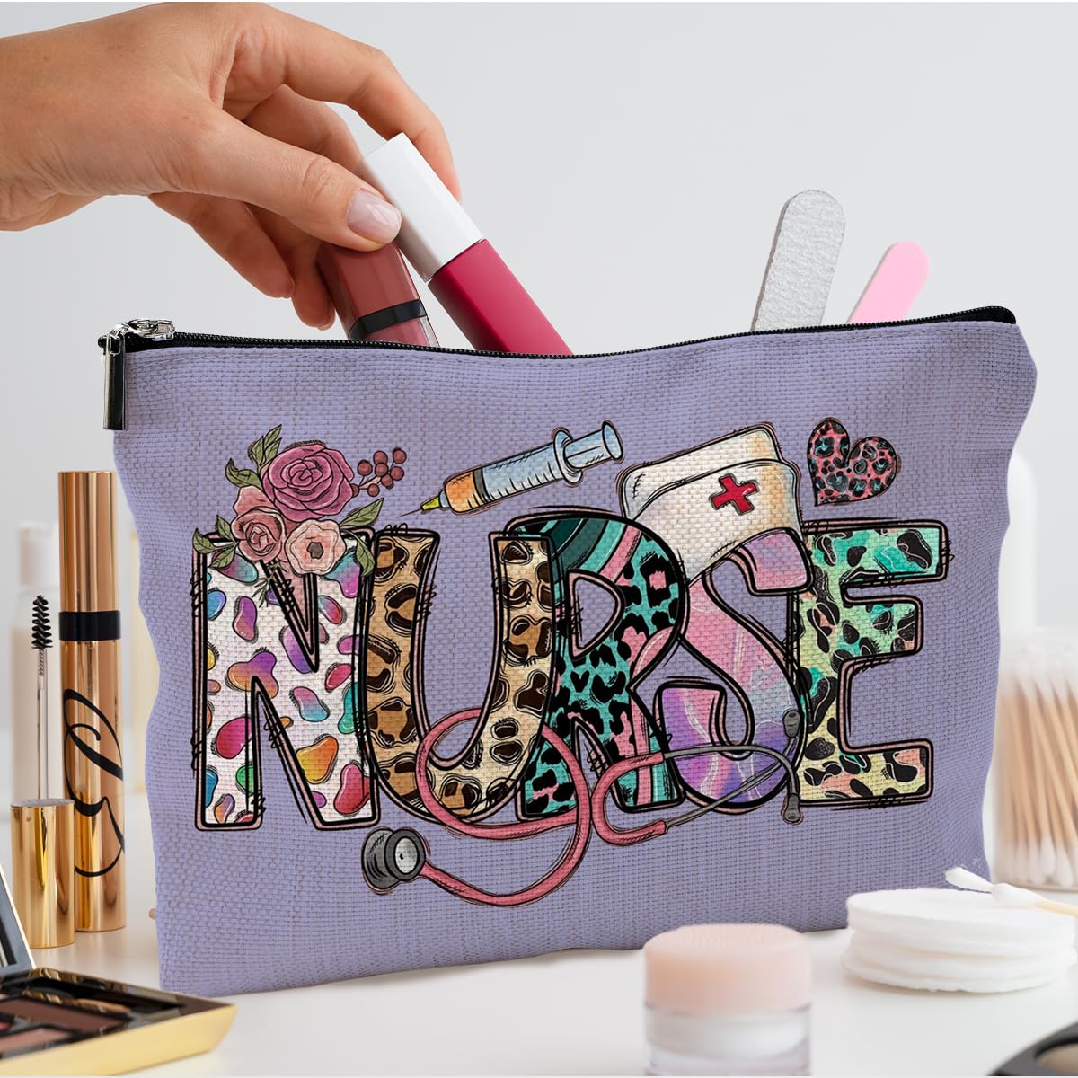Nurse Makeup Bag with Zipper - Perfect Nurse Gift for Women & Nursing Students - Purple Cosmetic Organizer for Work, School & Travel