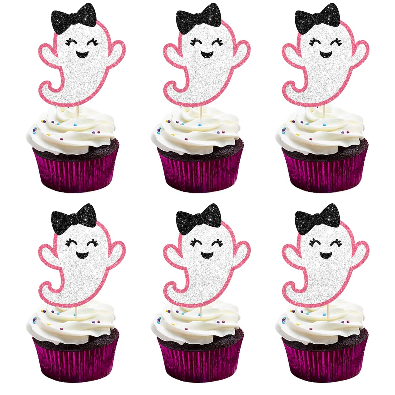 24-Piece Glitter Ghost Cupcake Toppers for Halloween Parties, Baby Showers & Pink Themed Events - Spooky Dessert Decorations for Cakes, Cupcakes & Treats