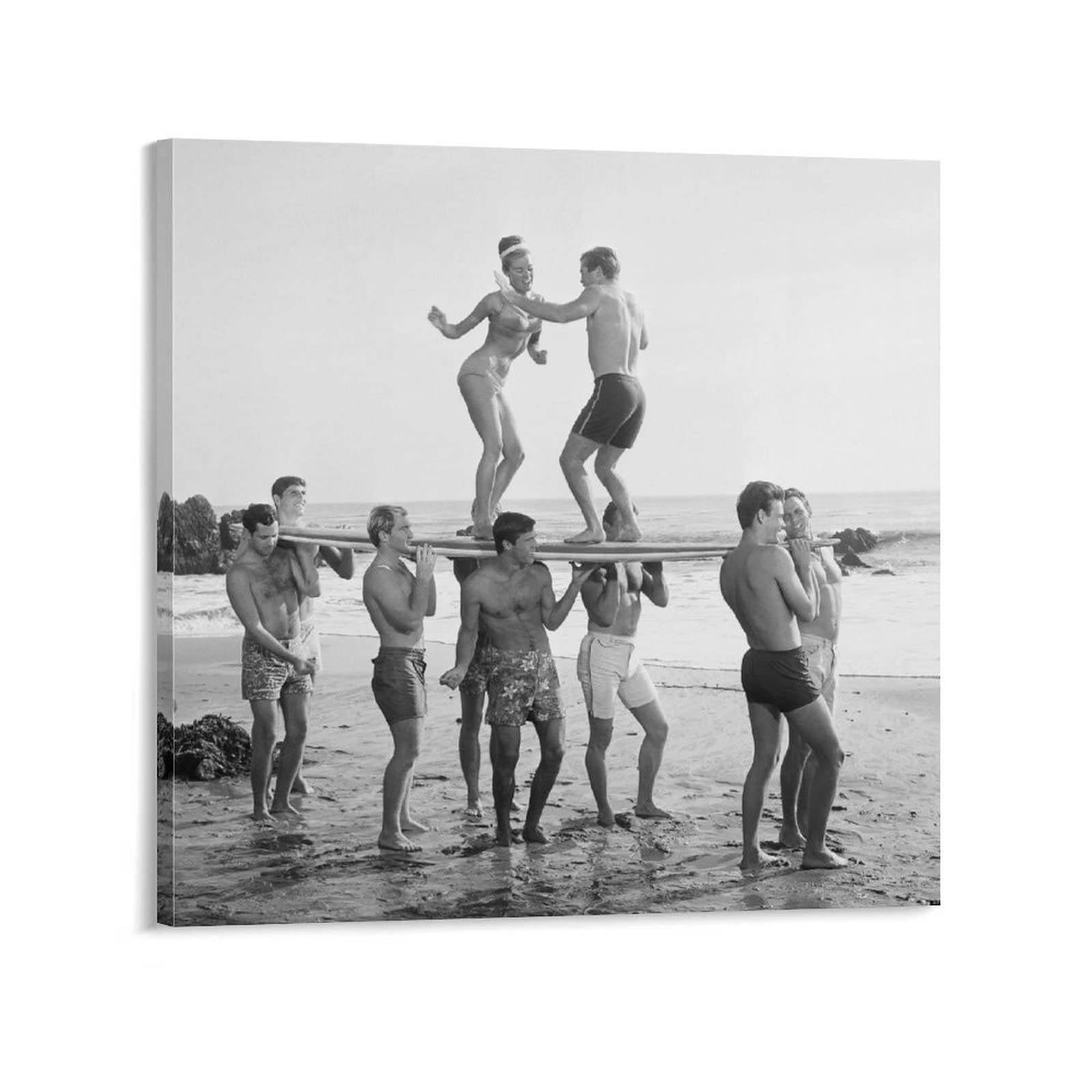 Vintage Black and White Surfer Beach Party Canvas Wall Art - Retro Surfing Poster Print for Home Decor, Bedroom & Living Room - Perfect for Beach House, Coastal Theme or Surf Lover's Room