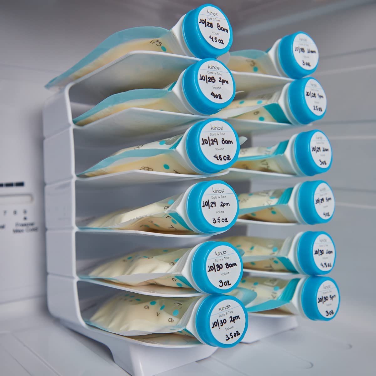 Kiinde Twist Cap Single-Use Write-On Labels for Breast Milk and Baby Food Storage Pouches (250 Pack) - Includes Label Dispenser with Marker & Holder - Perfect for Organizing Baby Bottles, Breastmilk Bags & Puree Pouches - Date/Volume Tracking Made Easy