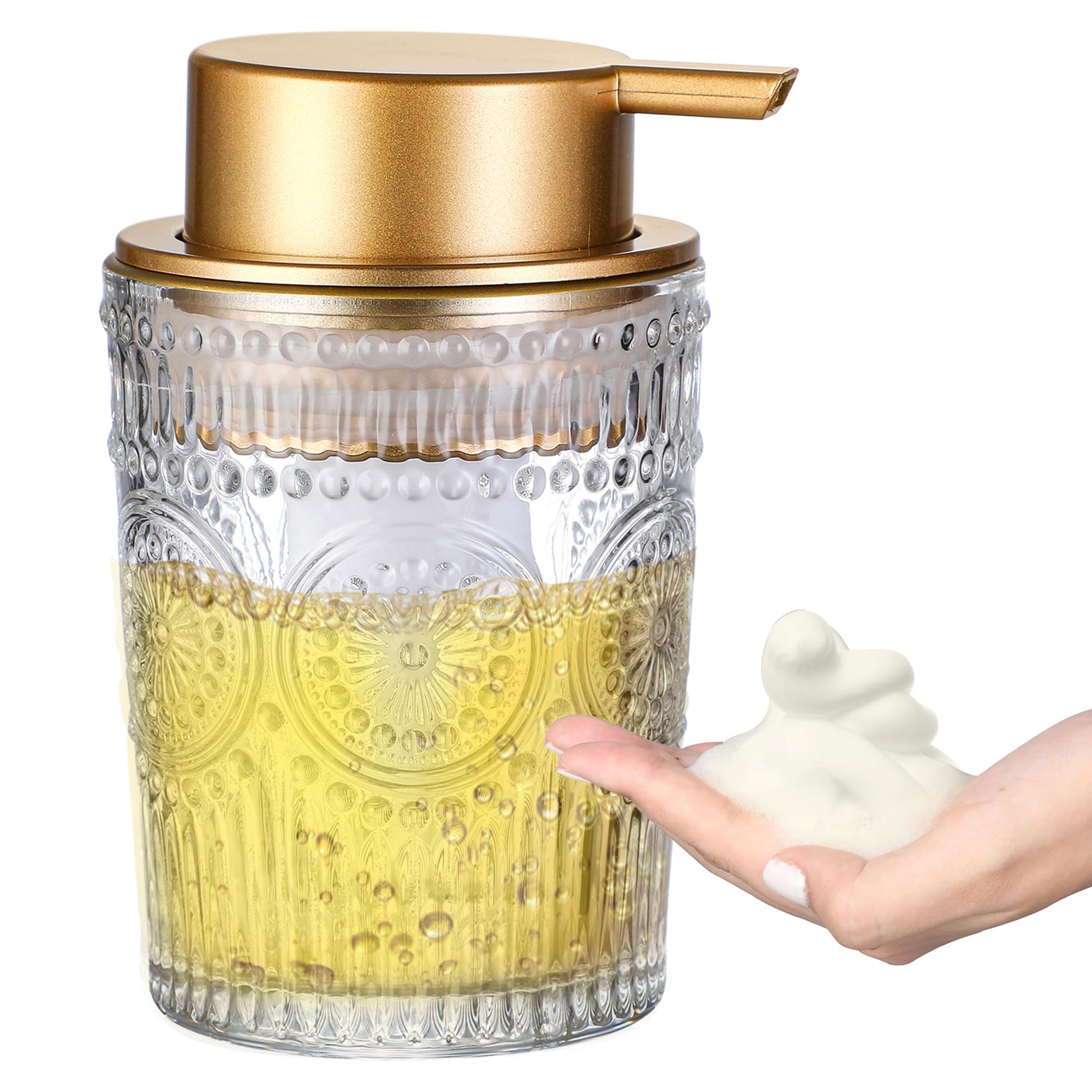 8 Oz Clear Glass Foam Soap Dispenser with Gold Plastic Pump - Refillable Round Foaming Lotion Dispenser for Kitchen, Bathroom & Vanity - Perfect for Liquid Hand Soap, Dish Soap & Shampoo Storage