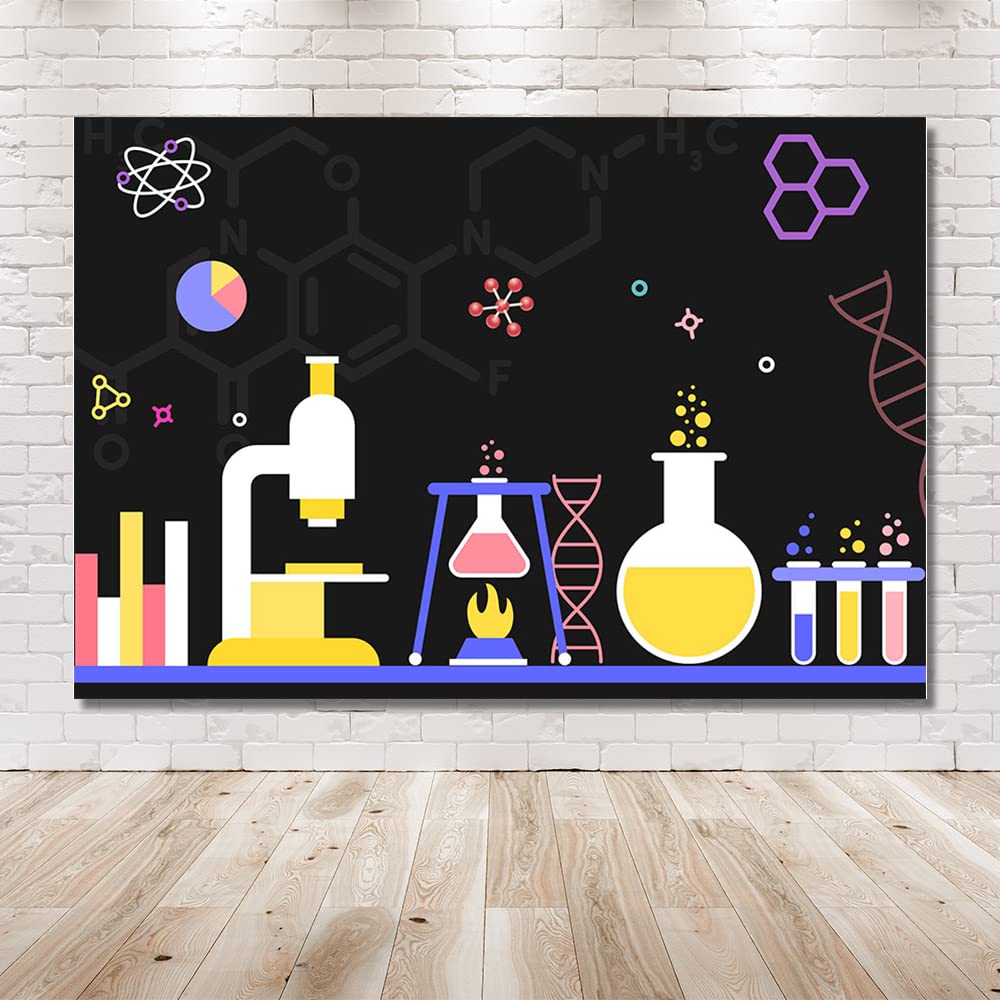 MEHOFOND 8x6ft Mad Science Party Backdrop - Black Scientist Theme Photography Background for Birthday Decorations, School Events & Photo Studio (Great for Science Themed Parties, Classroom Decor & Creative Photography)