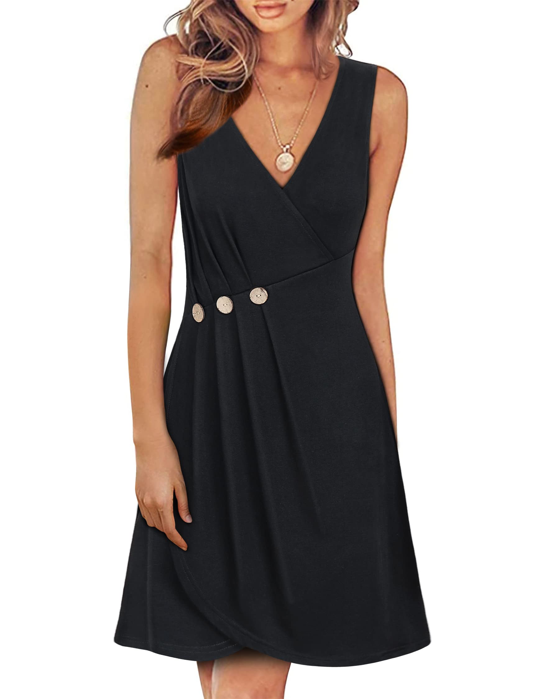 Women's Summer Wrap Dress - V Neck Sleeveless Midi Dress for Casual Wear, Beach Vacation & Date Night Outfits