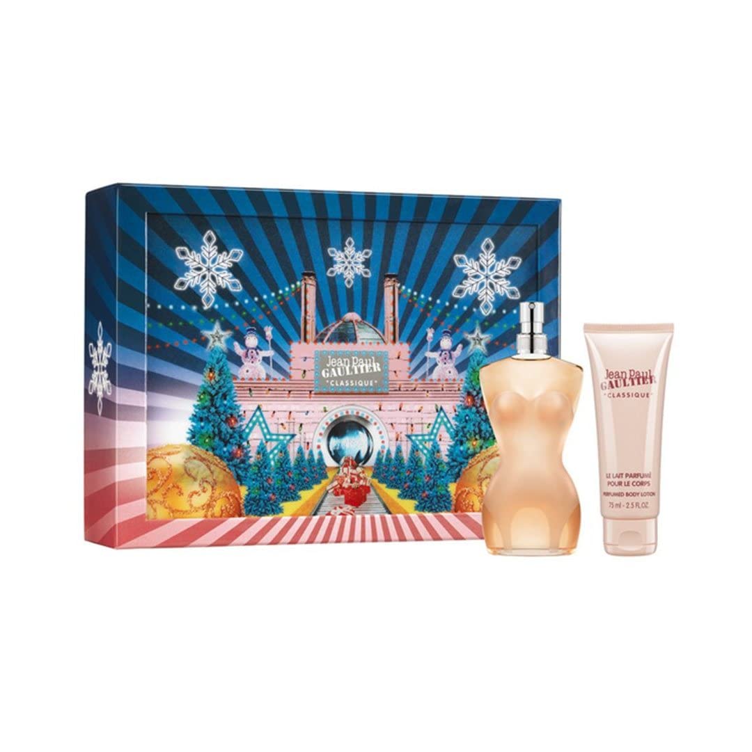Jean Paul Gaultier Classique Women's Perfume Gift Set - 3.4 oz Eau de Toilette Spray & 2.5 oz Body Lotion | Floral Vanilla Fragrance for Date Night & Special Occasions