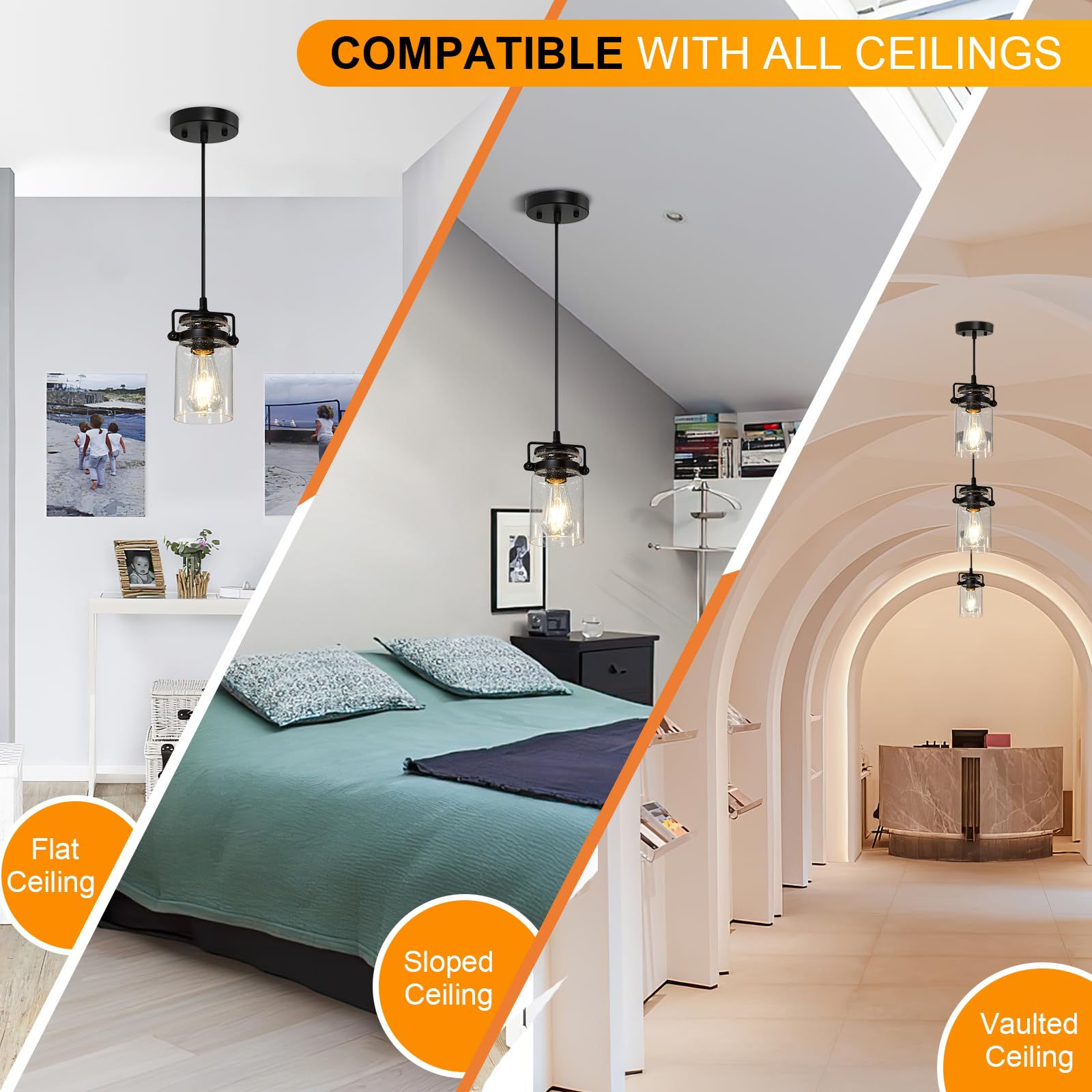 3 Pack Black Adjustable Farmhouse Pendant Lights with Seeded Glass Shade - Industrial Hanging Ceiling Light Fixtures for Kitchen Island, Dining Room, Bar & Living Room Decor