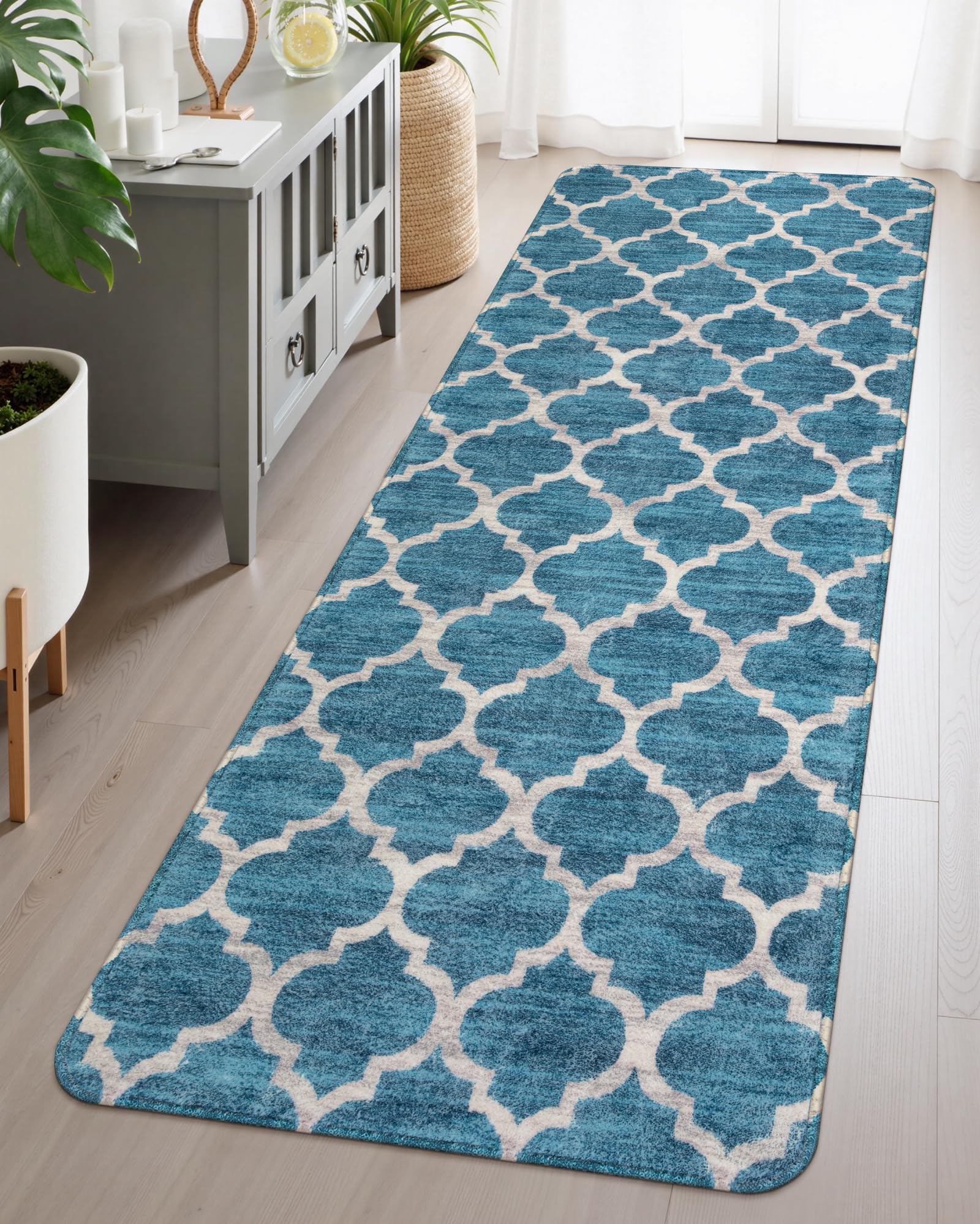 Lahome Moroccan Runner Rug 2x6 Feet - Non-Slip Washable Hallway Rug for Kitchen, Laundry Room, Entryway, Bedroom & Bathroom - Soft Blue Boho Carpet for Home Decor (2' x 6')