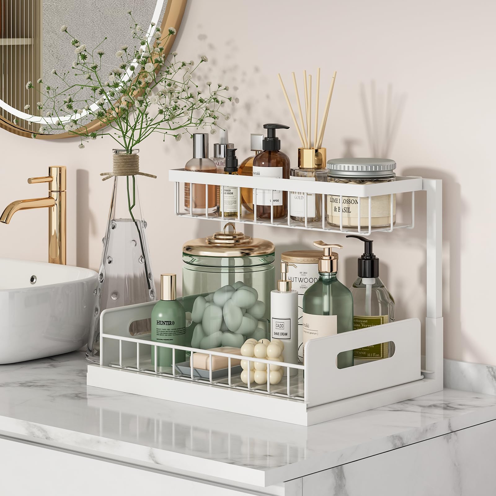 REALINN 2-Tier Under Sink Pull Out Organizer - White Kitchen & Bathroom Cabinet Storage Shelf (2-Pack) | Perfect for Maximizing Space Under Sink, Pantry, or Vanity Storage