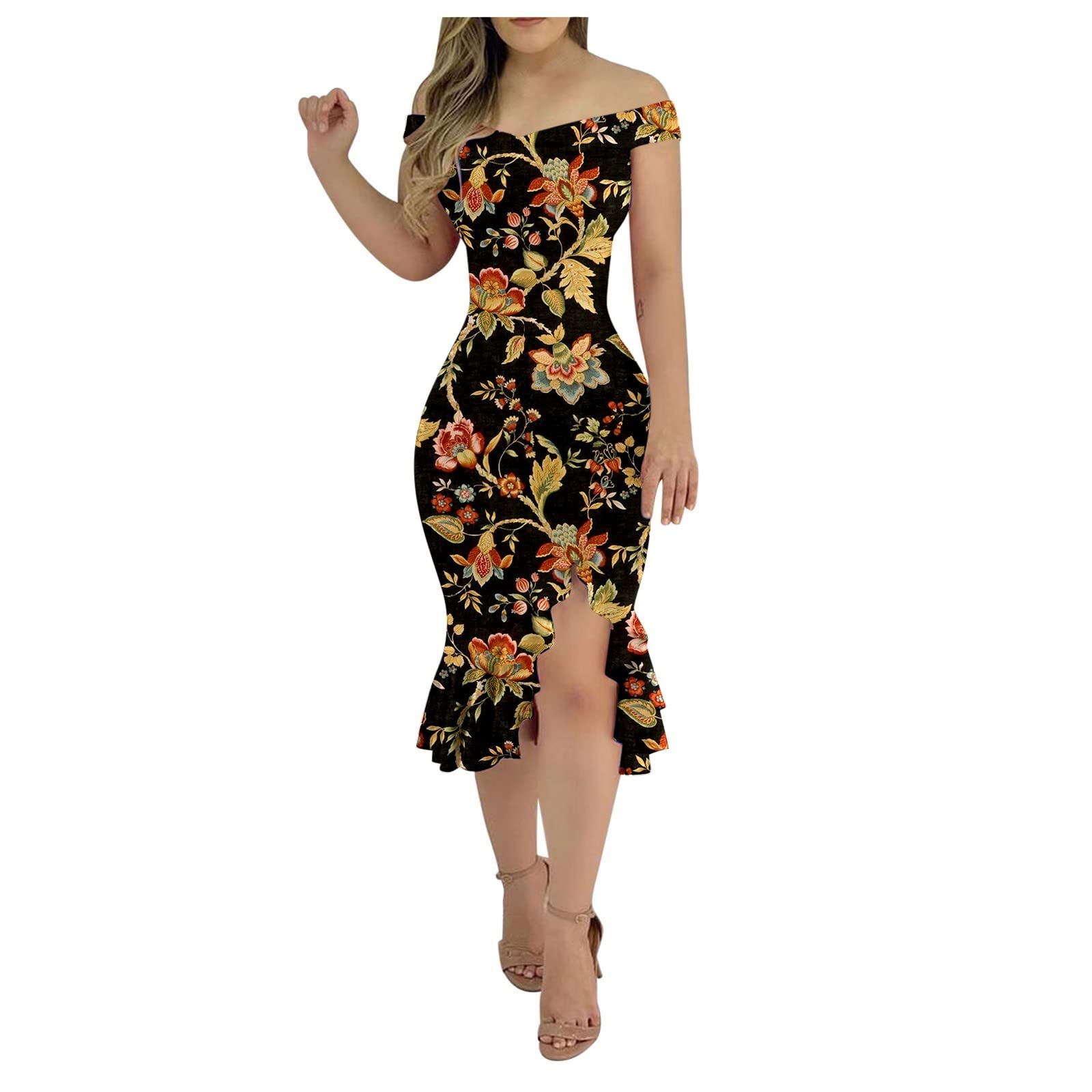 Boho Floral Formal Dresses for Women - Off The Shoulder Fishtail Vintage Ruffled Sheath Dress | Summer Wedding Guest, Cocktail Party, Prom & Evening Gown
