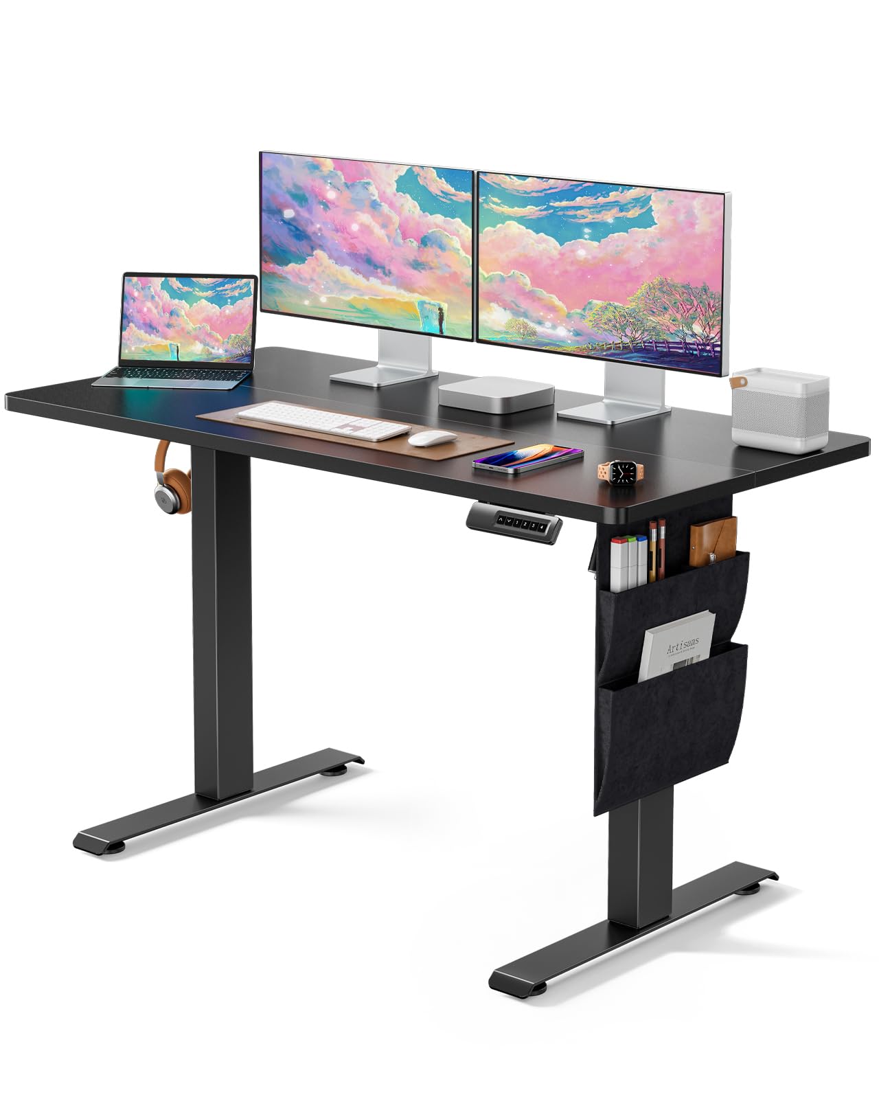 Marsail 48 x 24 Inch Electric Adjustable Height Standing Desk with Storage Bag - Sit Stand Desk for Home Office, Gaming & Workstation - 4 Memory Presets, Cable Management & Headphone Hook - Perfect for Remote Work, Video Calls & Ergonomic Workspace Setup