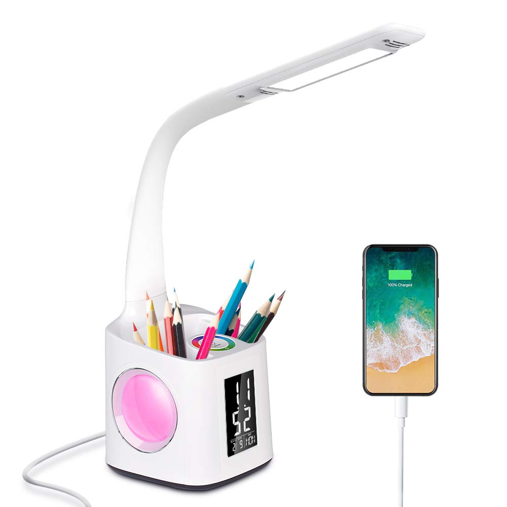 Donewin LED Desk Lamp with USB Charging Port & Pen Holder - Adjustable Study Light with Digital Clock, Cute Kawaii Desk Accessories for Kids, Girls & Boys - 10W Energy Saving Office Desk Light for Reading, Homework & Night Light | Perfect for Bedroom, Study Room & Dorm Decor