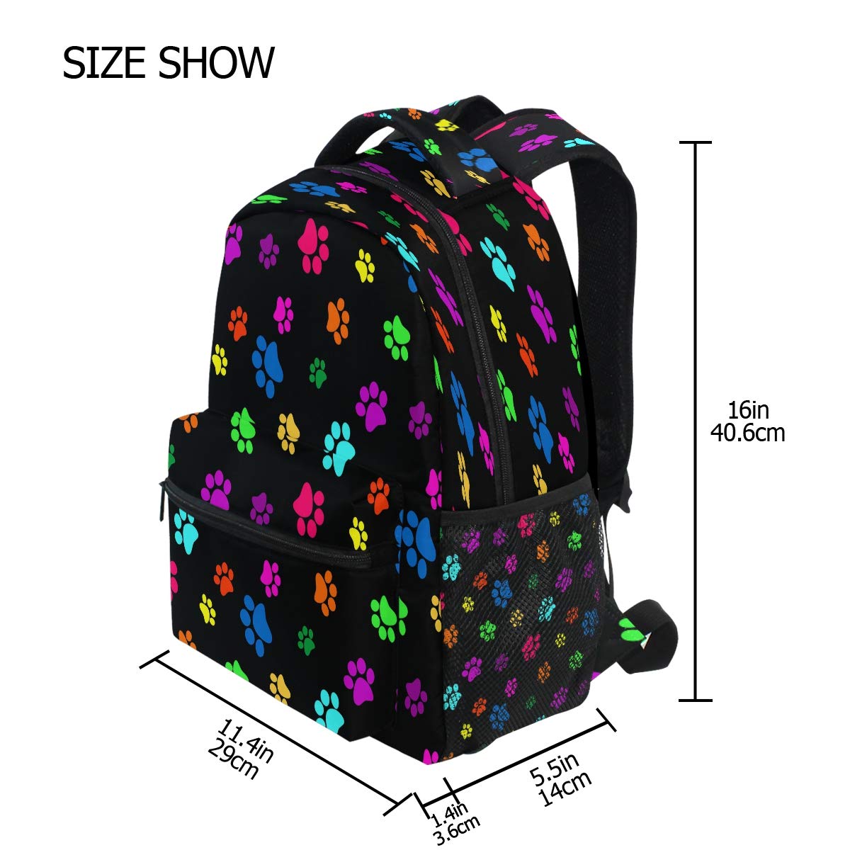 ALAZA Colorful Paw Print Black Backpack - Waterproof School Backpack for Boys & Girls, Lightweight Travel Daypack for Students, College, Hiking & Commuting