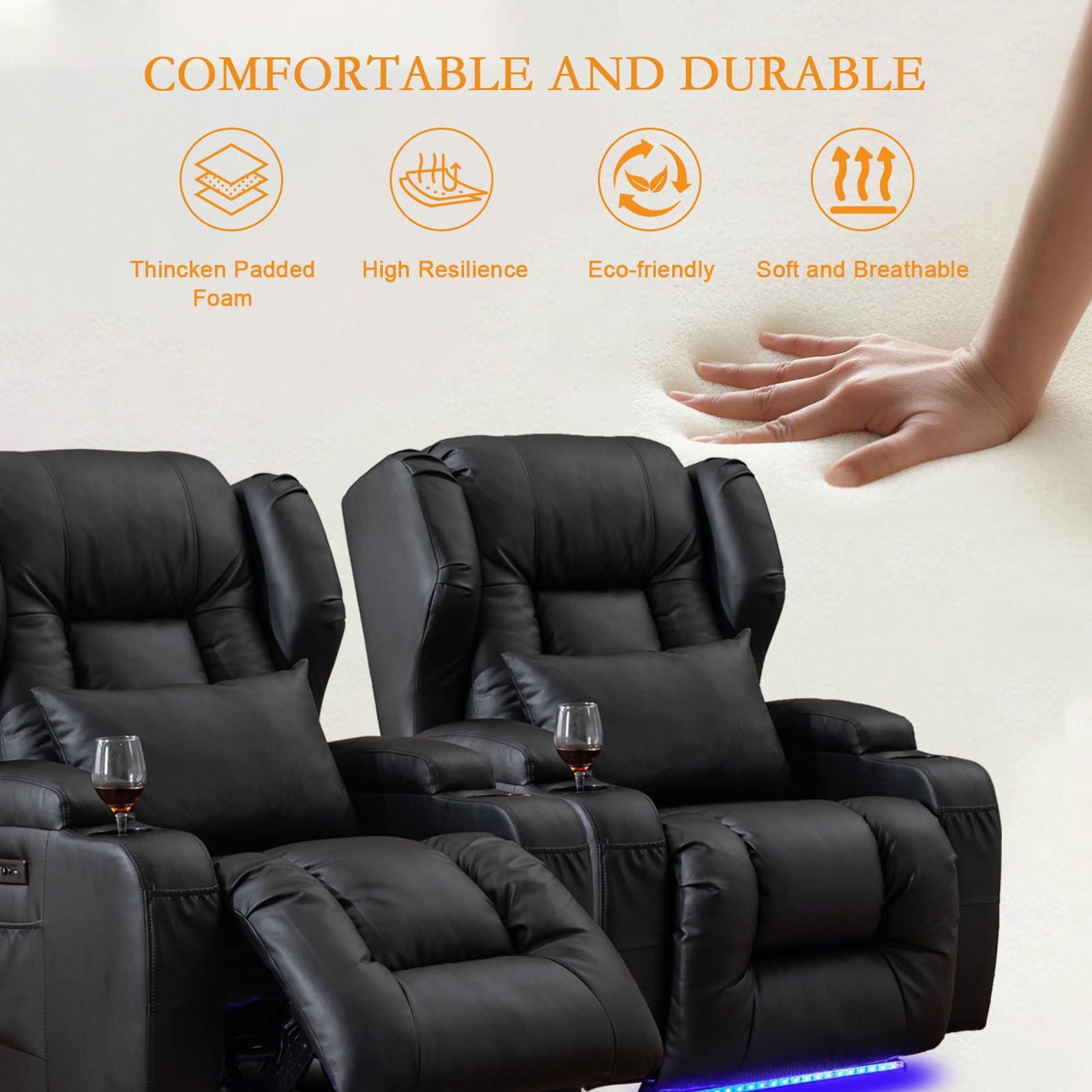Premium Power Recliner Chair with Heat & Massage - Electric Overstuffed Home Theater Seating, Gaming & Sleeper Recliner with LED Lights, Lumbar Support, USB Ports & Cup Holders - Perfect for Movie Nights, Gaming Sessions & Relaxation at Home