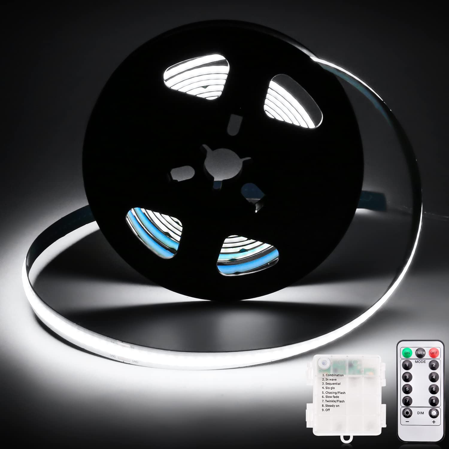 Smacen 6.56Ft Battery Powered COB LED Strip Lights - Cool White Dimmable Tape Lights with Remote, Timer & High Brightness | Flexible DIY Decoration for Cabinet, Bedroom, Home, Kitchen, RV, Party & Outdoor Lighting