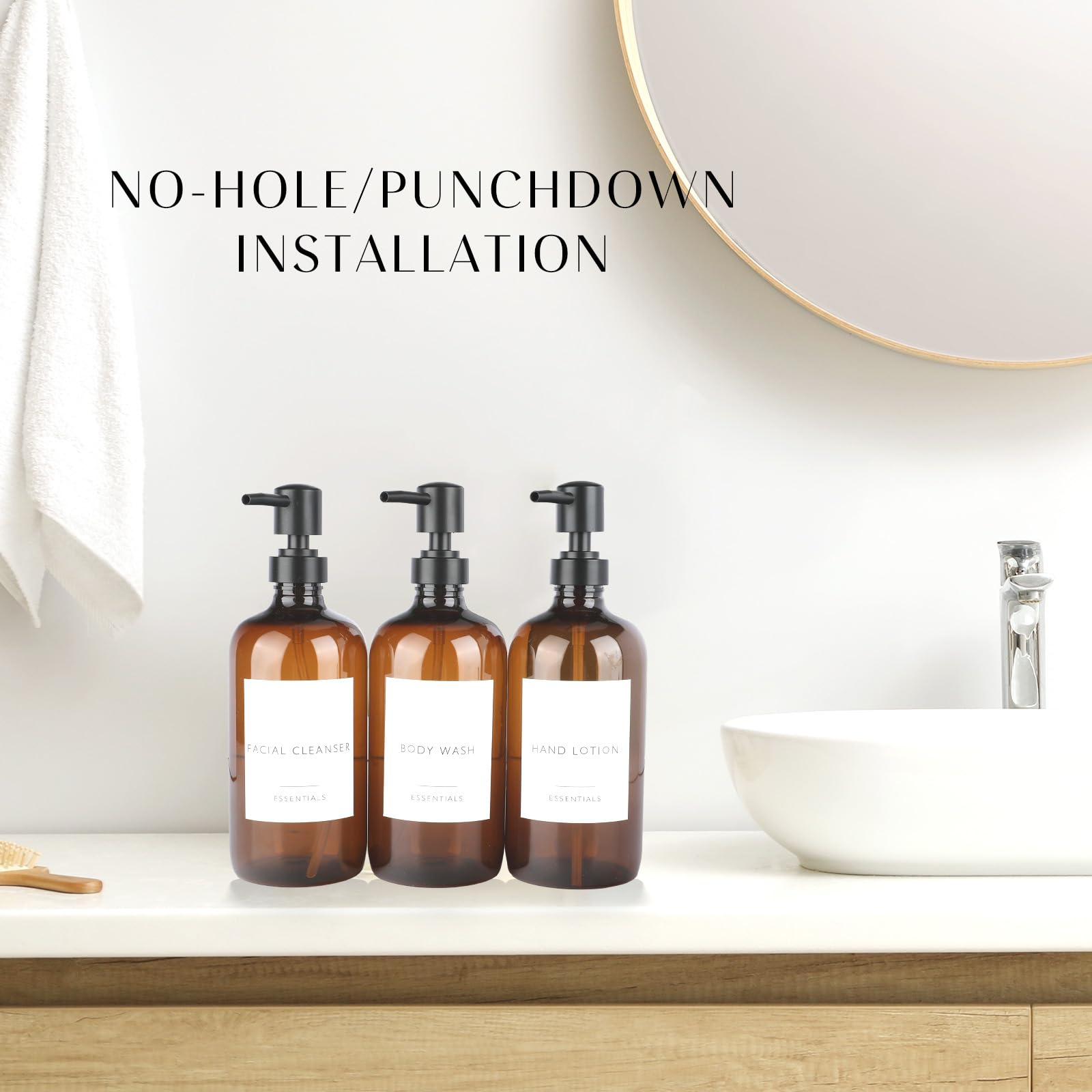 Nellyke 3-Pack 21oz Shower Soap Dispenser Set - Wall Mounted No Drill Shampoo & Conditioner Bottles with Pump & Labels - Brown Bathroom Body Wash Dispenser for Home, Hotel & Kitchen Use - Perfect for Shower Organization & Space Saving