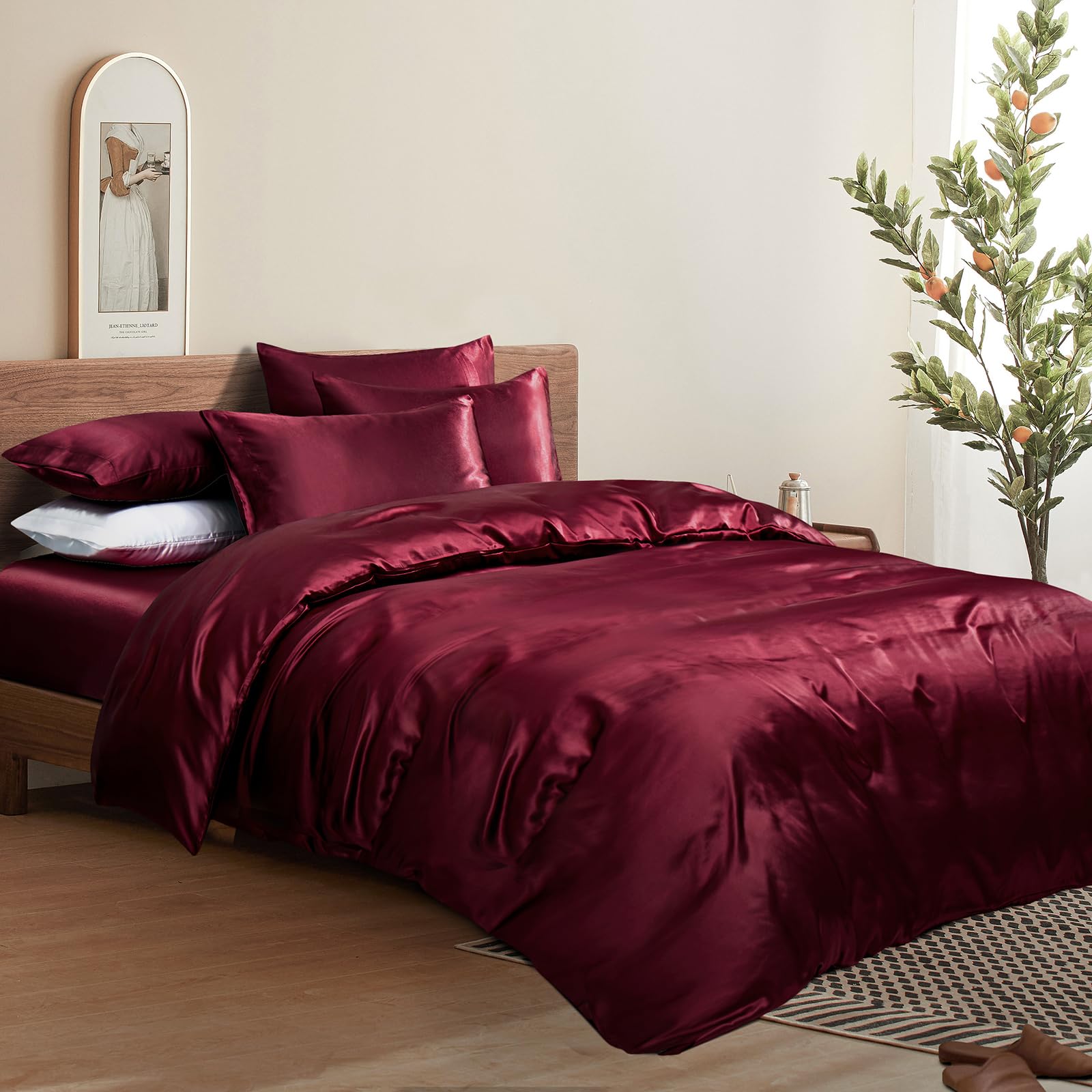 6Pcs Maroon Satin Duvet Cover Set Queen Size - Soft Cooling Comforter Cover with Fitted Sheet & Pillowcases for Luxurious Bedroom Decor