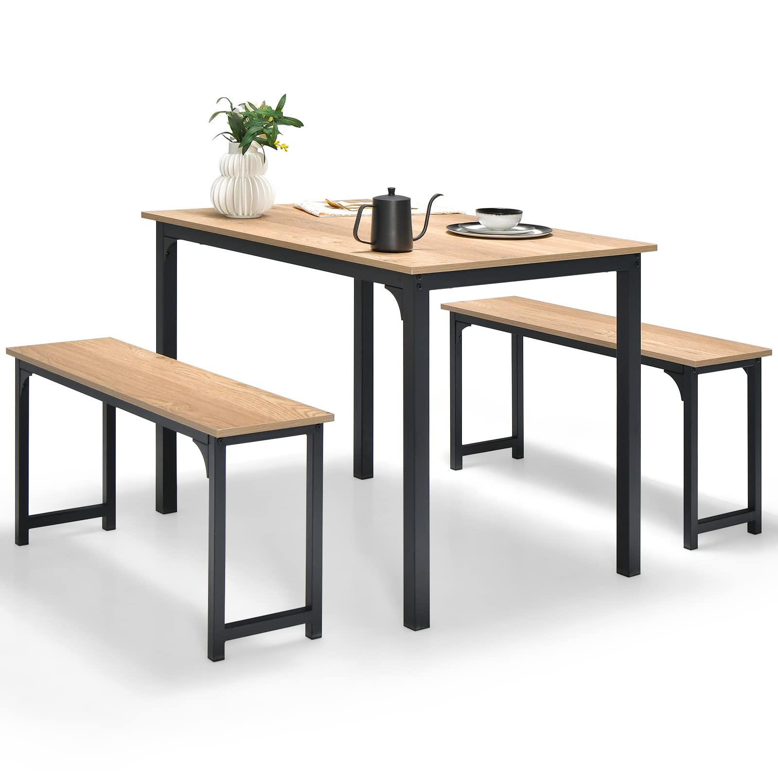 Modern Industrial Dining Table Set for 4 with 2 Benches - 3-Piece Kitchen Table with Metal Frame & Wood Tabletop - Industrial Brown & Black - Perfect for Small Spaces, Apartments, and Modern Farmhouse Dining Rooms