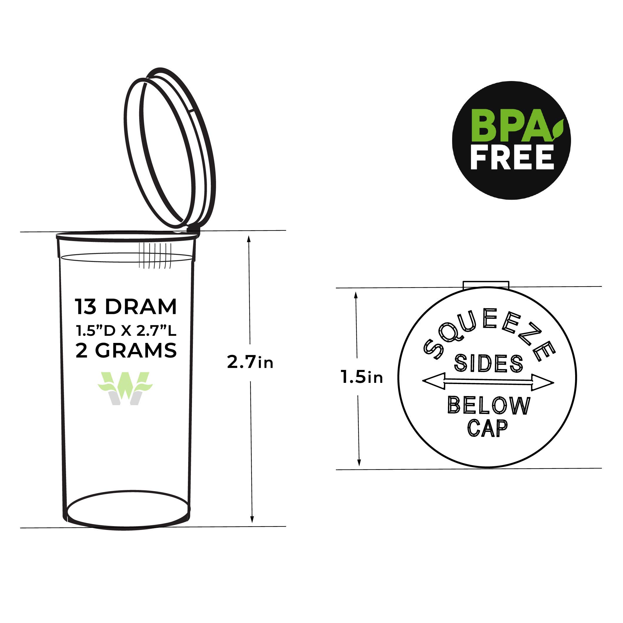 W Gallery 250 Clear 13 Dram Pop Top Airtight Smell Proof Plastic Vials - Medical Grade Prescription Bottles for Pills, Herbs, Flowers & Supplements (Bulk Pack) - Perfect for Pharmacy Storage, Travel & Organizing Small Items