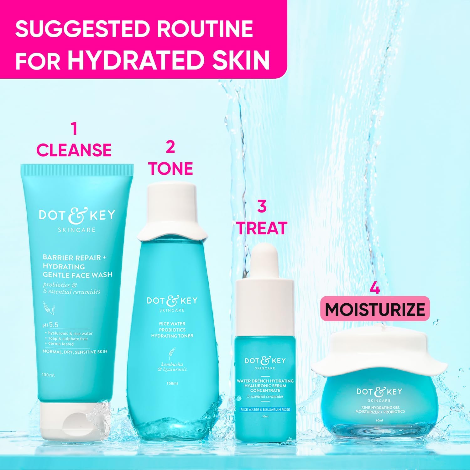 DOT&KEY 72Hr Hydrating Gel Face Moisturizer with Hyaluronic Acid, Probiotics, Kombucha & Rice Water - Oil Free Lightweight Gel for Oily, Combination, Dull & Uneven Skin Tone | Daily Skincare Routine, Morning & Night Use for Hydrated Glowing Skin