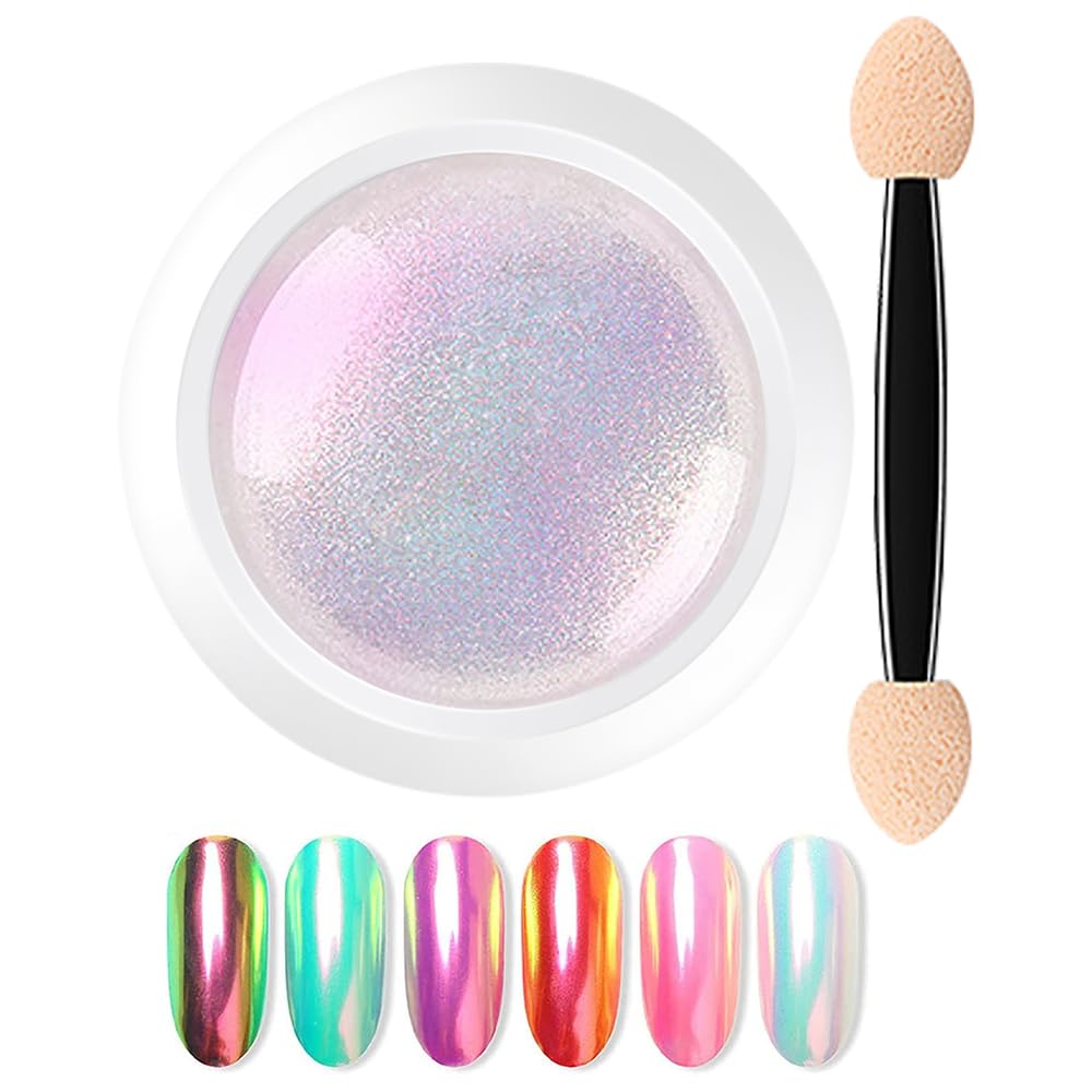 Mermaid Chrome Nail Powder - White Pearl Holographic Neon Nail Polish Powder, Iridescent Mirror Glitter for DIY Rainbow Nail Art | Perfect for Manicures, Pedicures & Nail Salon Designs