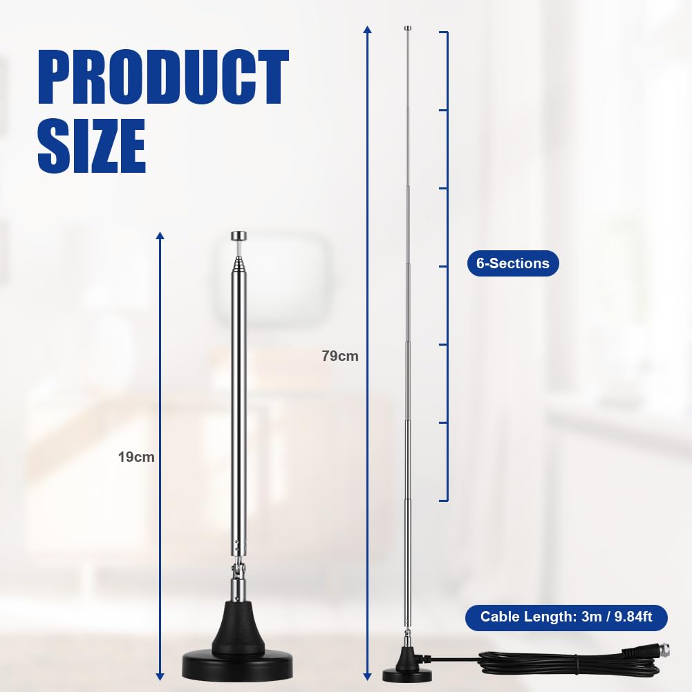Adiwo 3M FM Indoor Radio Antenna with Magnetic Base - Digital Telescopic DAB Aerial for HiFi System, Tuner, Stereo Amplifier, AV Receiver & Home Theater - Perfect for Enhanced Audio Quality in Living Rooms & Home Studios