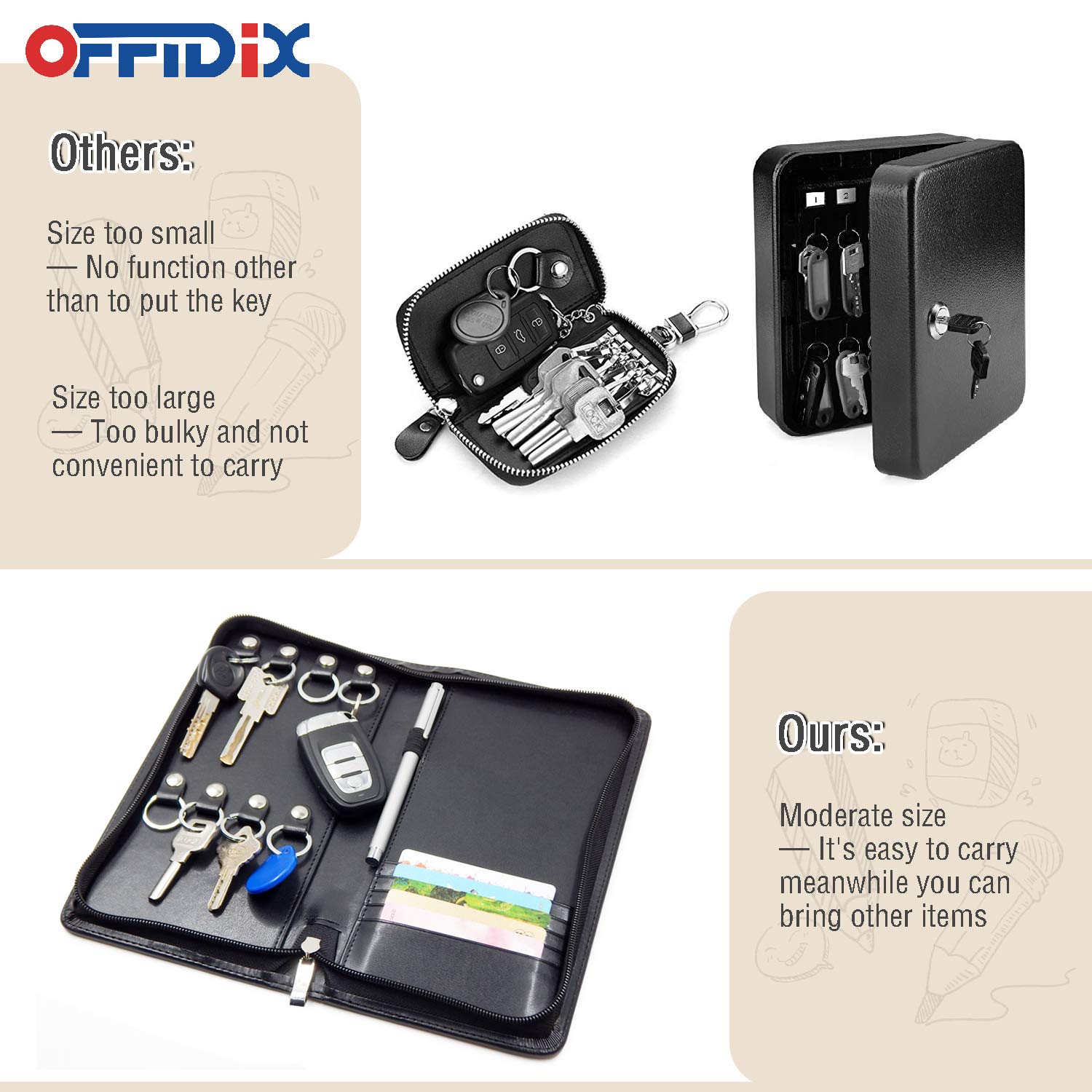 OFFIDIX PU Leather Key Holder Organizer - 8 Key Hooks with Zippered Case for Business Cards, Menus & Documents | Perfect for Real Estate Agents, Hotel Staff & Car Service Professionals | Portable Office & Travel Essential