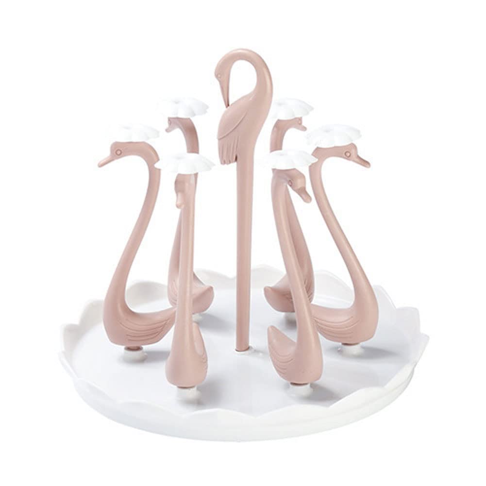 UOZACCY Rotating Swan Mug Holder Organizer - Plastic Cup Drying Rack for Kitchen, Glass & Water Cup Storage Shelf with Drain - Pink | Perfect for Small Spaces, Dish Rack Alternative, Countertop Organization