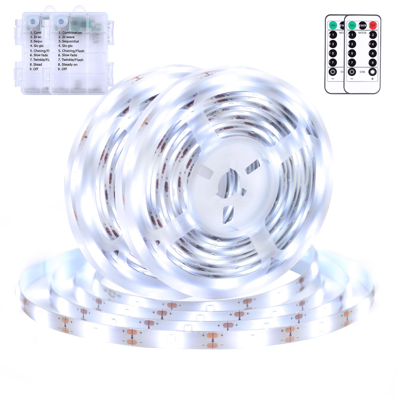 Echosari 2 Pack 9.8Ft LED Strip Lights with Remote & Timer - 90 LED Battery Operated Flexible Self-Adhesive Light Strips for Bedroom, TV Backlight, Kitchen, Boat, Cupboard Decor (Cool White) - Perfect for Home Lighting, DIY Projects & Party Decorations