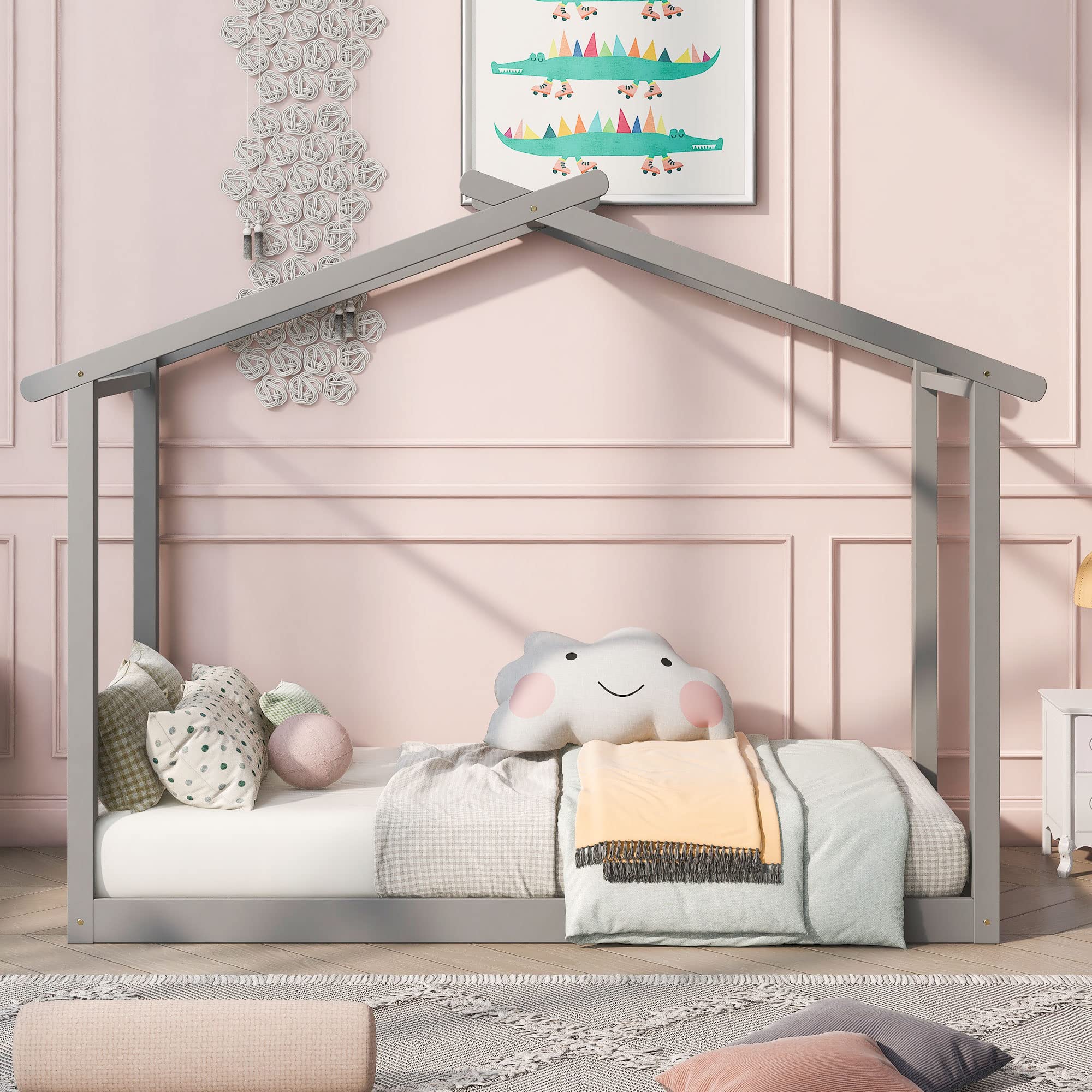 Solid Wood House Bed Frame - Twin XL/King Size Platform Bed with Trundle & Roof Design | Kids Floor Bed with Wood Slats Support | House Shaped Daybed for Bedroom, Living Room or Playroom | Perfect for Sleepovers, Reading Nook & Imaginative Play