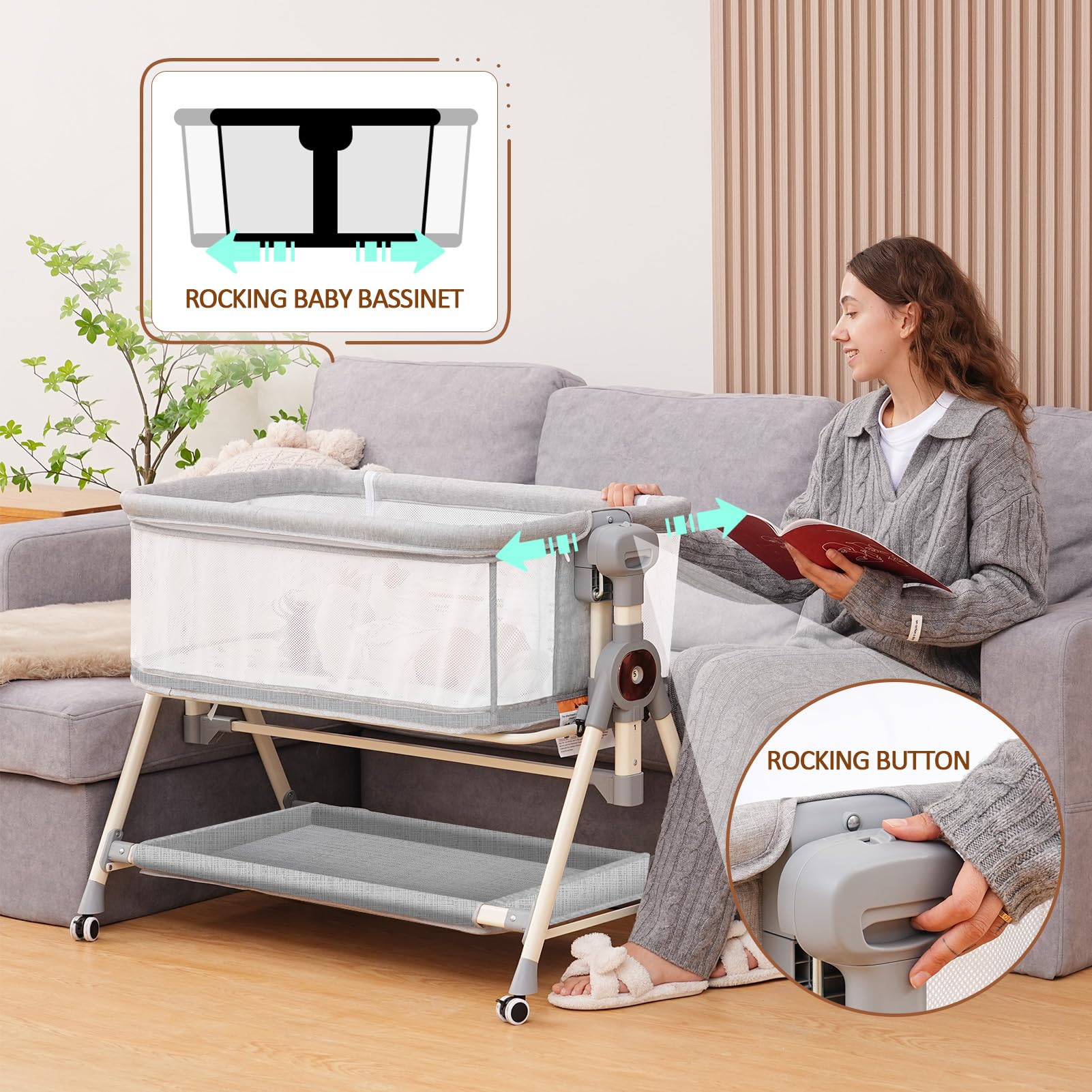Portable Baby Bassinet with Waterproof Sheet - 3-in-1 Rocking Crib & Adjustable Bedside Sleeper for Newborns (6 Height Settings, Grey) - Perfect for Nursery, Bedroom & Travel Use