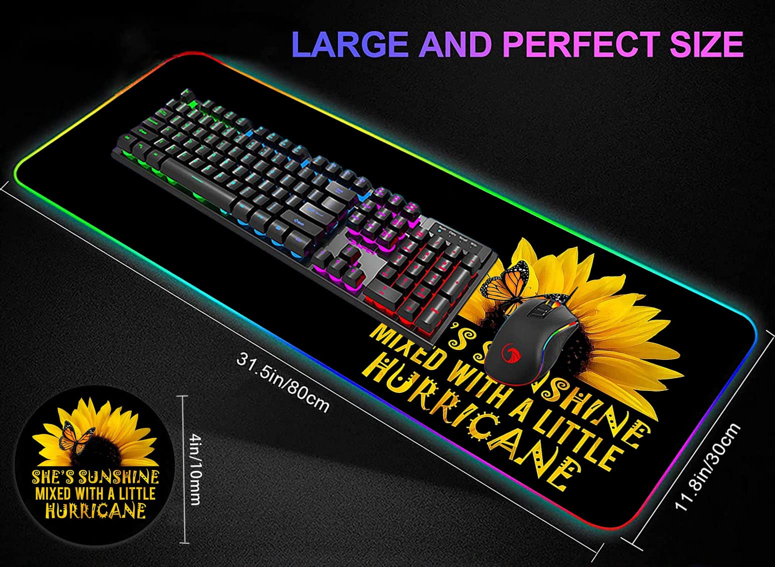 RGB Gaming Mouse Pad with LED Lights - Large Non-Slip Desk Mat for Keyboard & Mouse | Waterproof Optical Surface | Perfect for PC Gaming, Office Work & Home Decor (Sunflower & Butterfly Design)