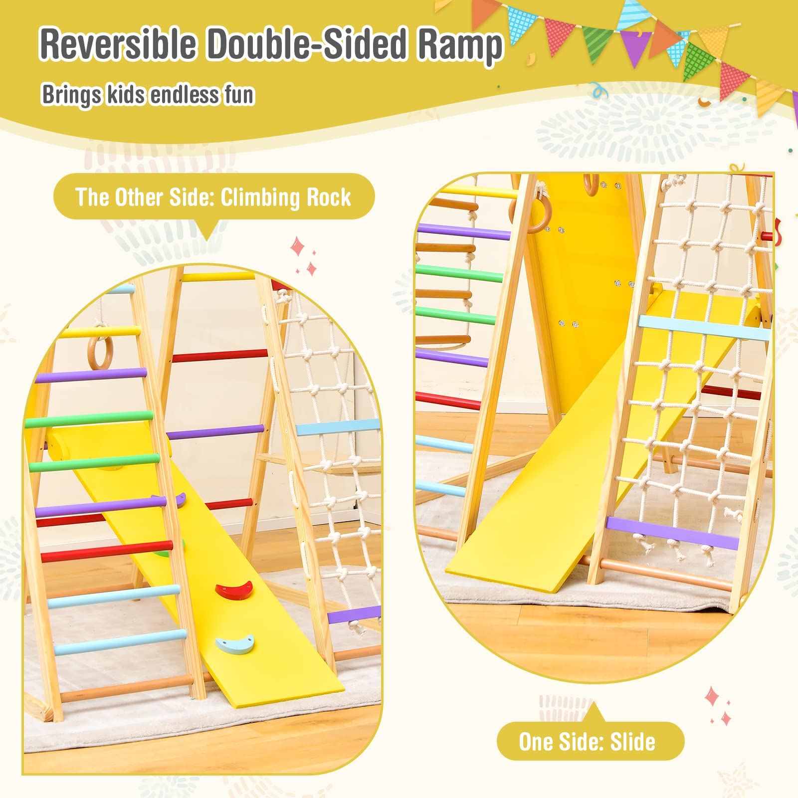 Costzon 8-in-1 Montessori Indoor Jungle Gym for Toddlers - Wooden Climbing Toys with Slide, Rock Wall, Net & Monkey Bars - Safe Playground Climber Set for Kids Ages 3-6 | Perfect for Home Playrooms, Daycares & Birthday Gifts