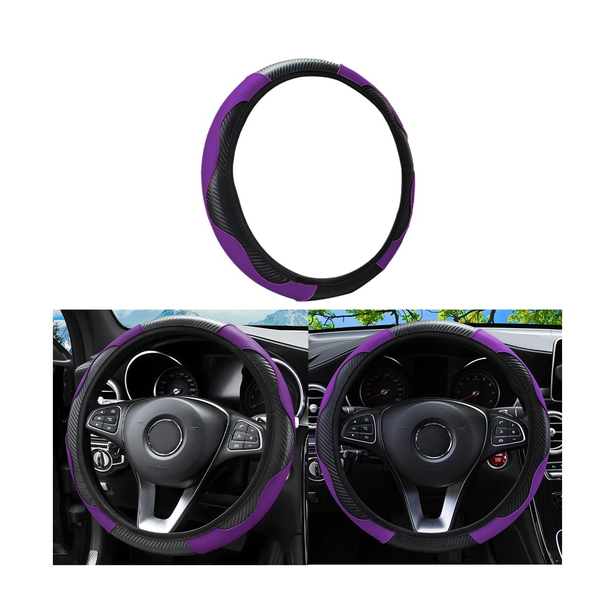 15 Inch Carbon Fiber Microfiber Leather Steering Wheel Cover - Anti-Slip, Breathable & Elastic Stretch Design for Men & Women - Universal Fit for SUV, Truck, Van (Black/Purple) - Perfect for Daily Commute & Long Road Trips