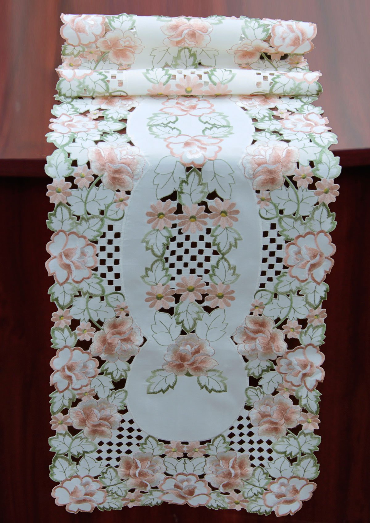 Elegant Embroidered Rose Daisy Floral Cutwork Table Runner 15x68 Inch Ivory - Spring Wedding, Dining Room Decor, Dresser Scarf for Home Decor