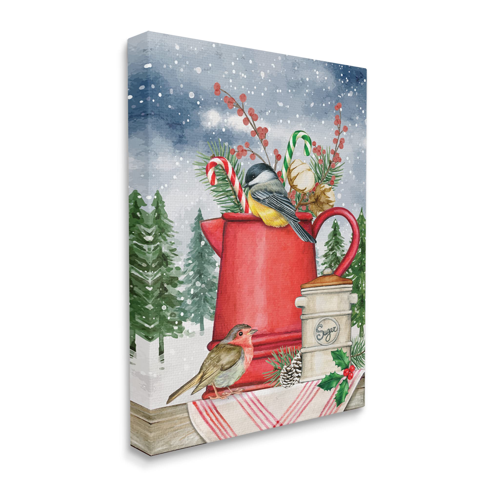 Stupell Industries Winter Birds Perched Tea Kettle with Holly & Fir Botanicals - ND Art Design | Cozy Kitchen Decor for Holiday Tea Time