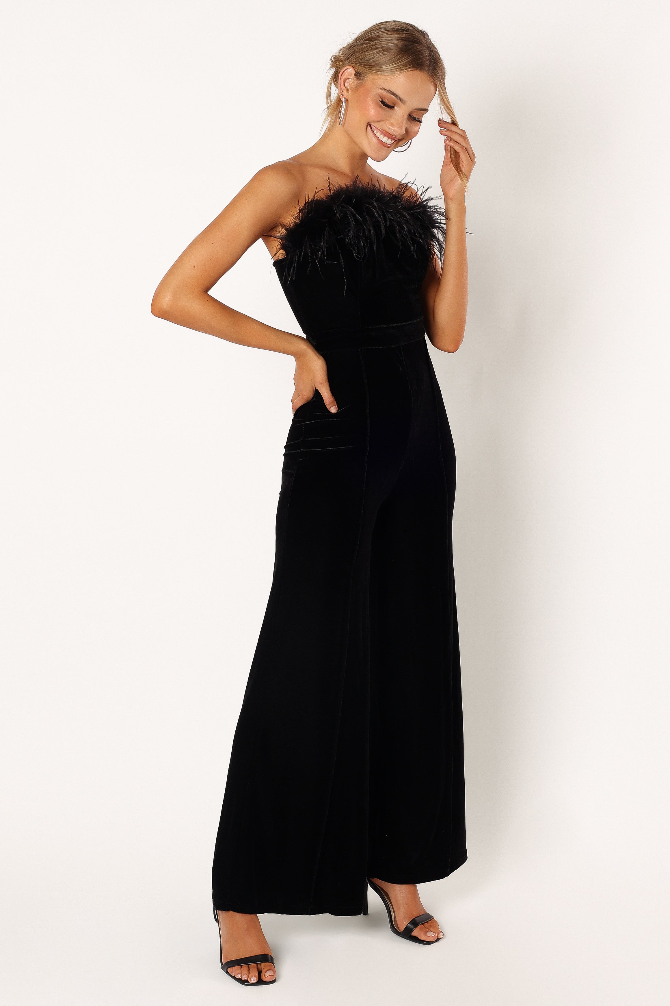 Donatella Black Feather Trim Jumpsuit for Women - Elegant Party Outfit & Evening Wear for Special Occasions