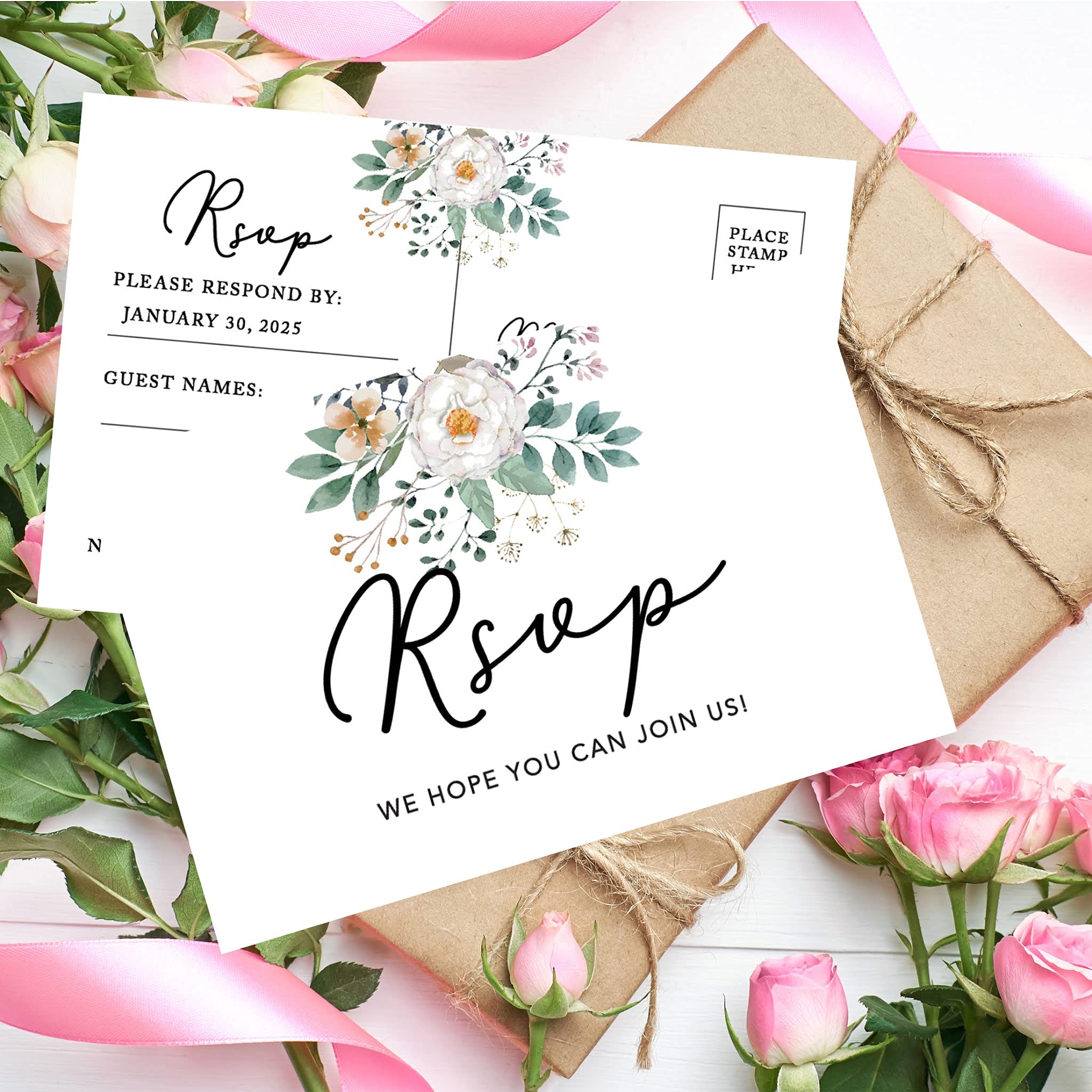Personalized RSVP Postcards 56-Pack - Custom Wedding, Bridal Shower & Baby Shower Invitation Cards - Spring Floral Design on Premium Cardstock - 4x6 Inch Response Cards with Custom Date & Return Address - Perfect for Weddings, Birthdays & Special Events