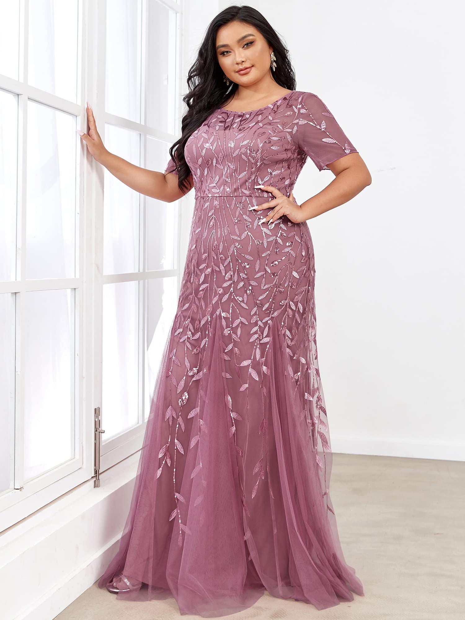 Ever-Pretty Women's Plus Size Embroidery Sequin Short Sleeve Bodycon Maxi Dress 07707-PZUSA | Elegant Formal Gown for Weddings, Prom, Evening Parties & Special Occasions