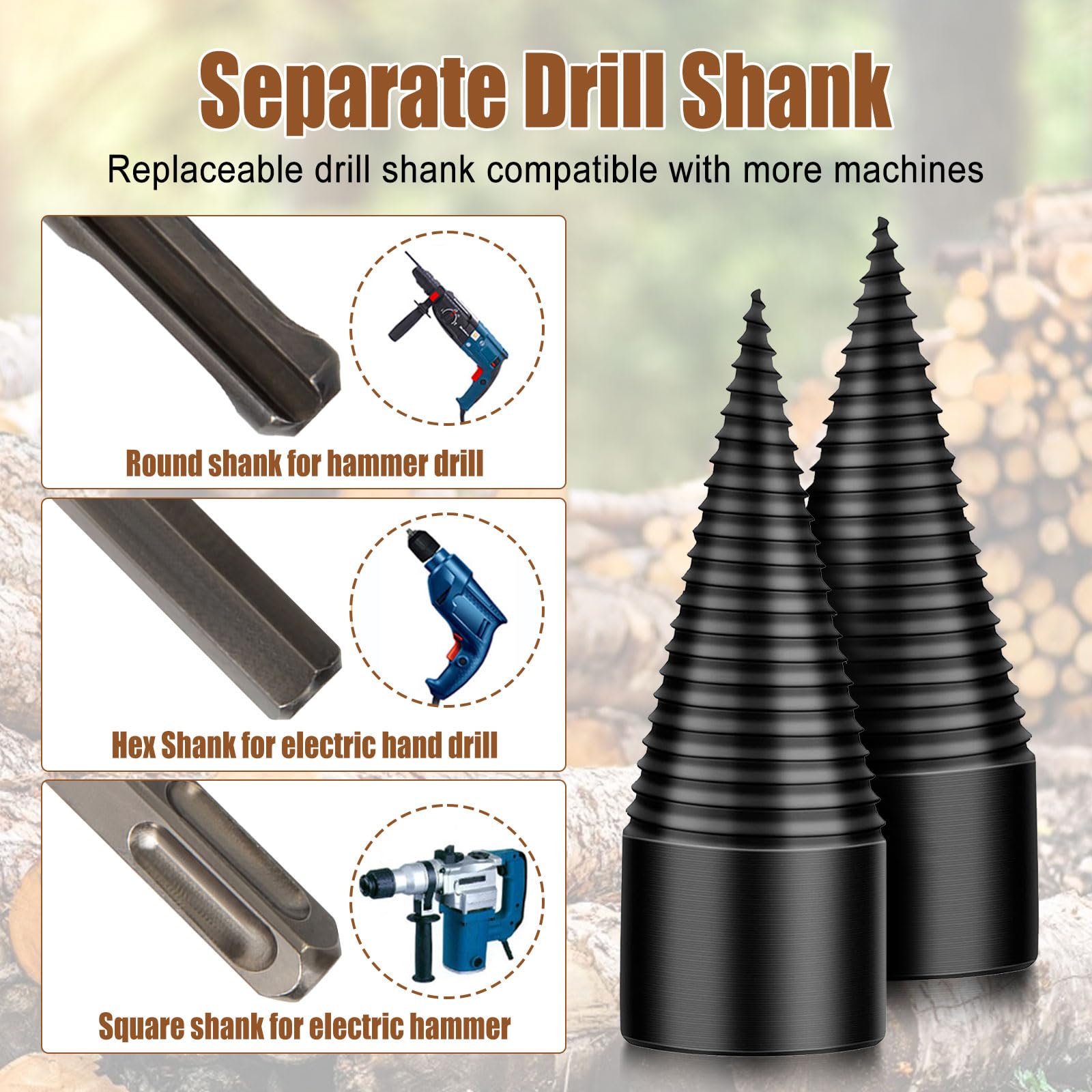 3Pcs Firewood Log Splitter Drill Bits - 32mm Hex Shank Black Carbon Steel Screw Splitting Cone Twist Drill Bit for Wood Splitting - Perfect for Firewood Preparation, Camping & DIY Projects