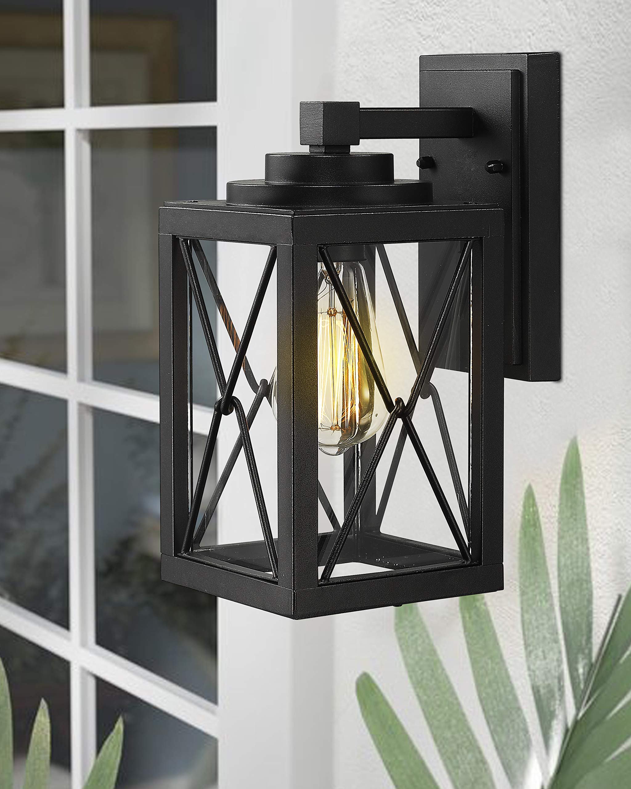 Emliviar Modern Black Outdoor Wall Mount Light Fixture - Clear Glass Exterior Wall Sconce for Porch, Patio, Garden & Entryway Lighting (0387BK)