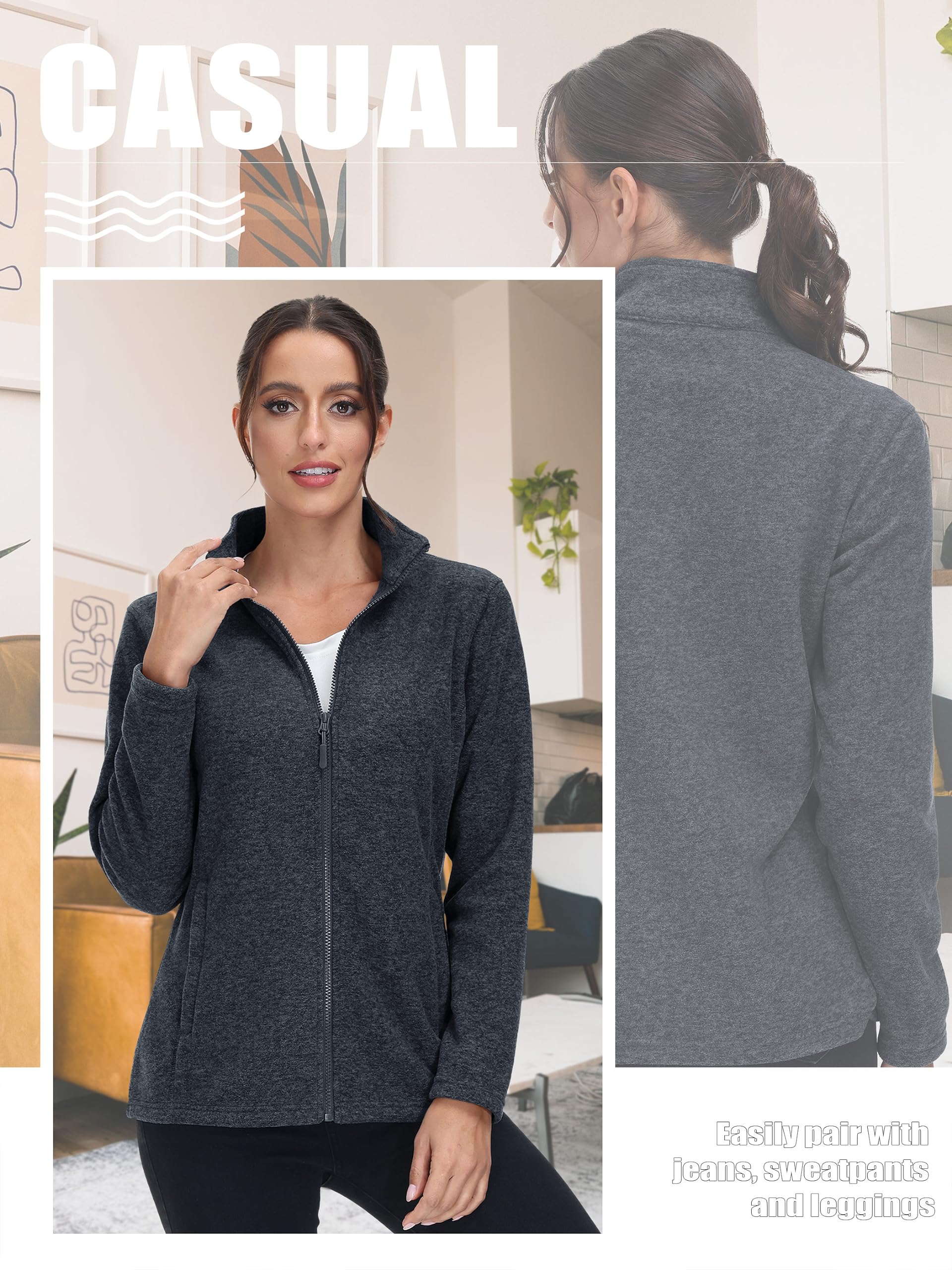 TACVASEN Women's Lightweight Full Zip Fleece Jacket - Winter Warm Coats with 2 Zipper Pockets for Outdoor Hiking & Casual Wear