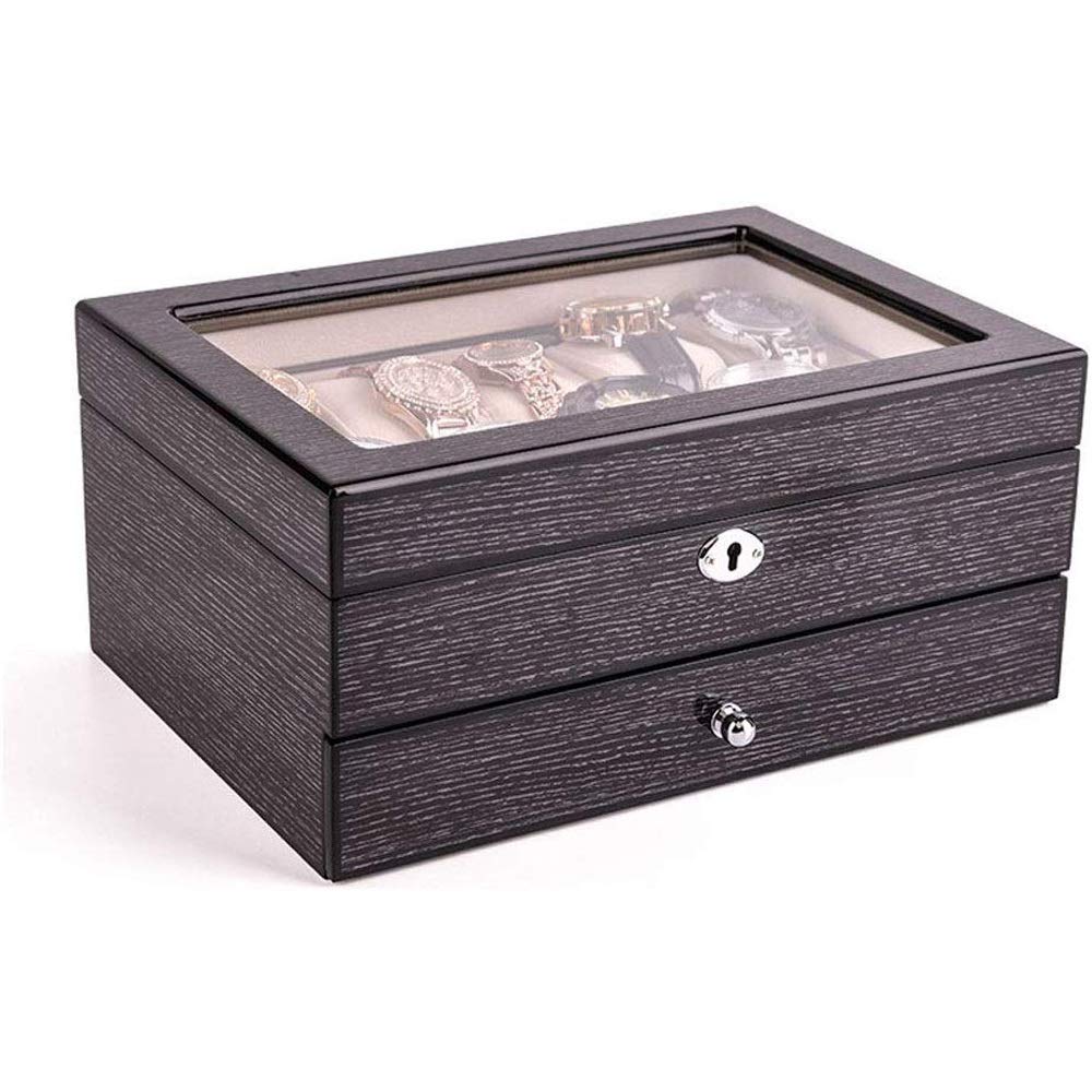 2-Layer Lockable Jewelry Organizer Box - Foldable Tray with Removable Dividers, Gray Solid Wood Watch Display Case for 10 Mechanical Watches | Jewelry Storage, Watch Collection & Gift Box for Men & Women