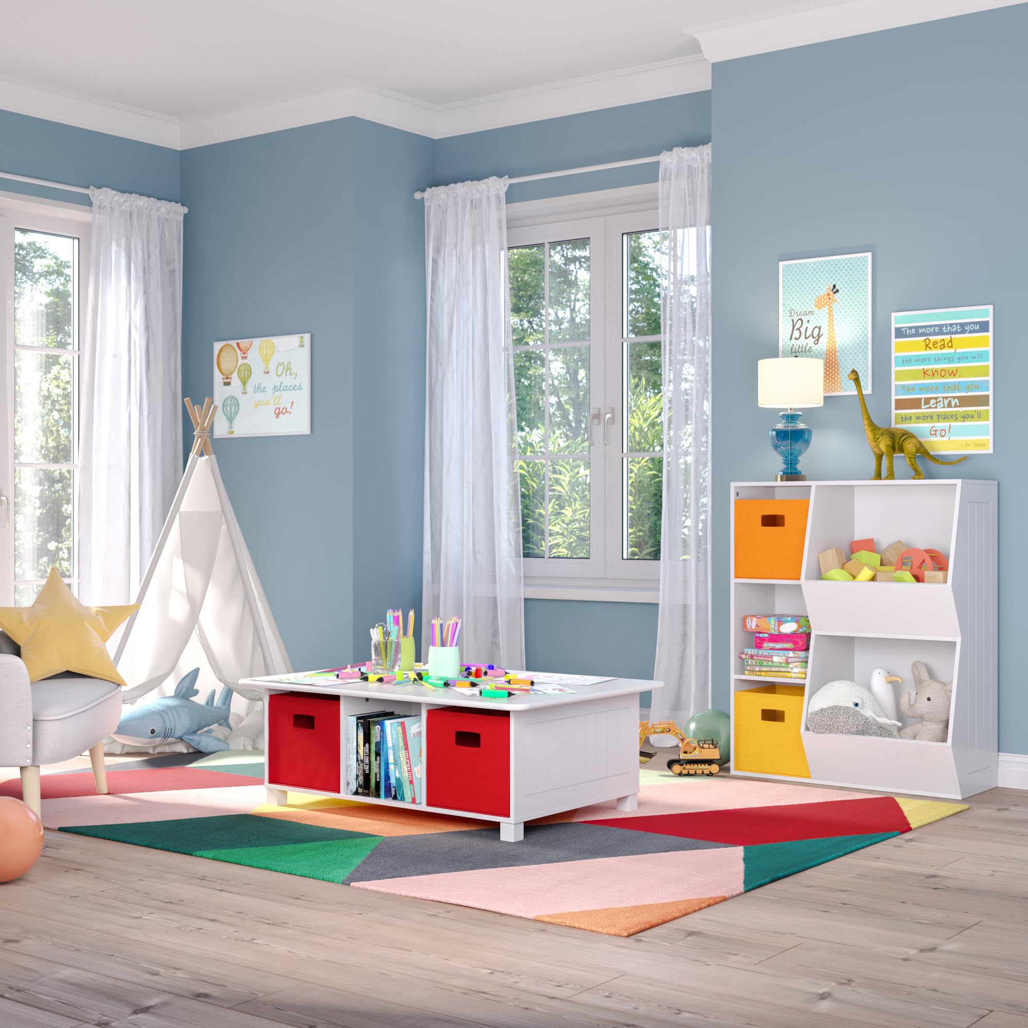 RiverRidge Kids 6 Cubby Storage Unit with 2-Piece Activity Table Set - White with Gray Bins | Perfect for Playroom Organization, Preschool Classroom & Daycare Centers