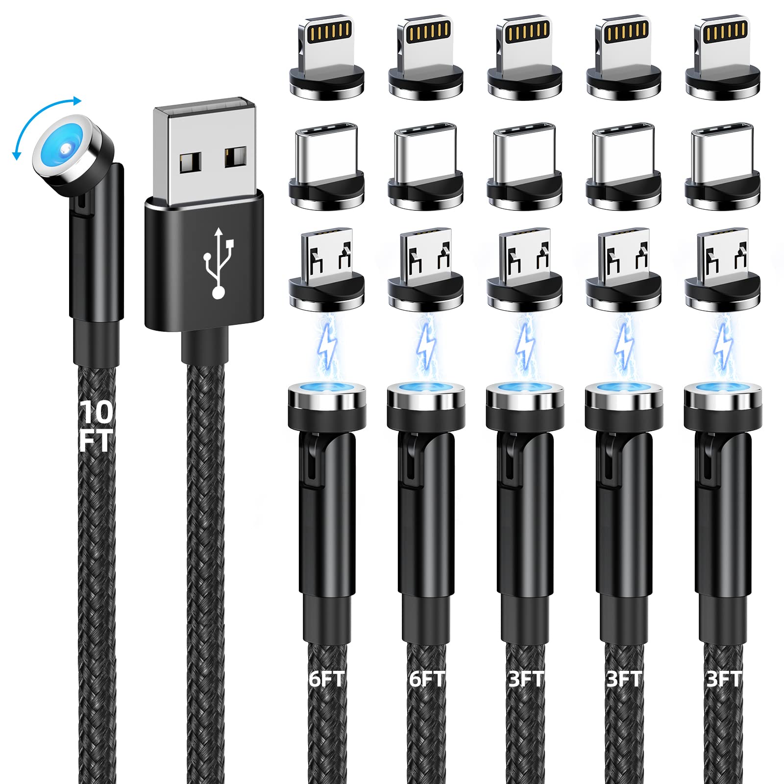 Premium Magnetic Charging Cable 6-Pack [3ft/6ft/10ft] - 540° Rotating 3-in-1 Fast Charger with Nylon Braiding for iPhone, Android, Type-C & Micro USB Devices - Perfect for Home, Office & Travel Charging