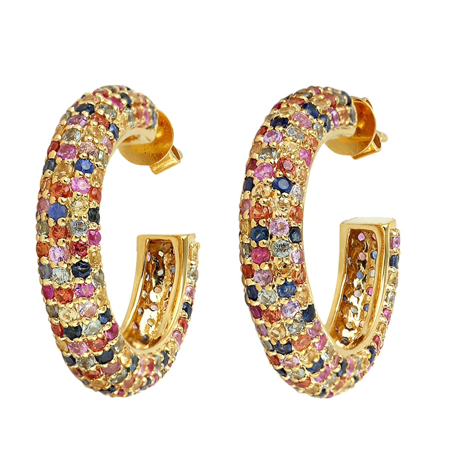 18k Yellow Gold Micro Pave Rainbow Sapphire Hoop Earrings - September Birthstone Jewelry for Women | Perfect Gift for Birthday, Anniversary & Special Occasions